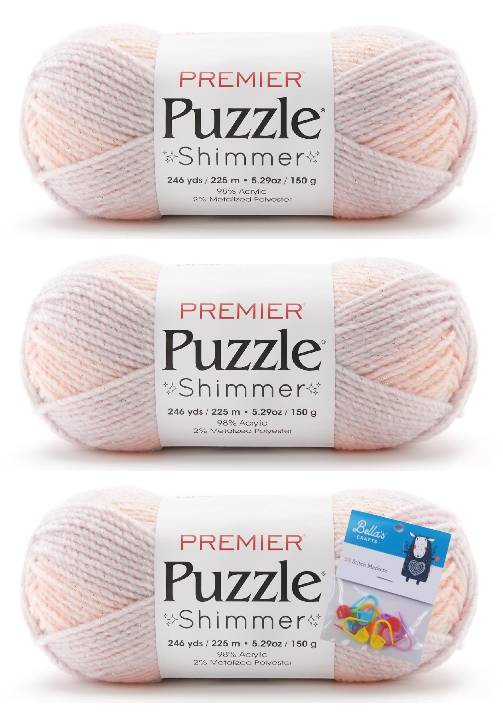 Premier Puzzle Shimmer Yarn 3-Pack Bundle with Bellas Crafts Stitch Markers (Cats Cradle Shimmer)