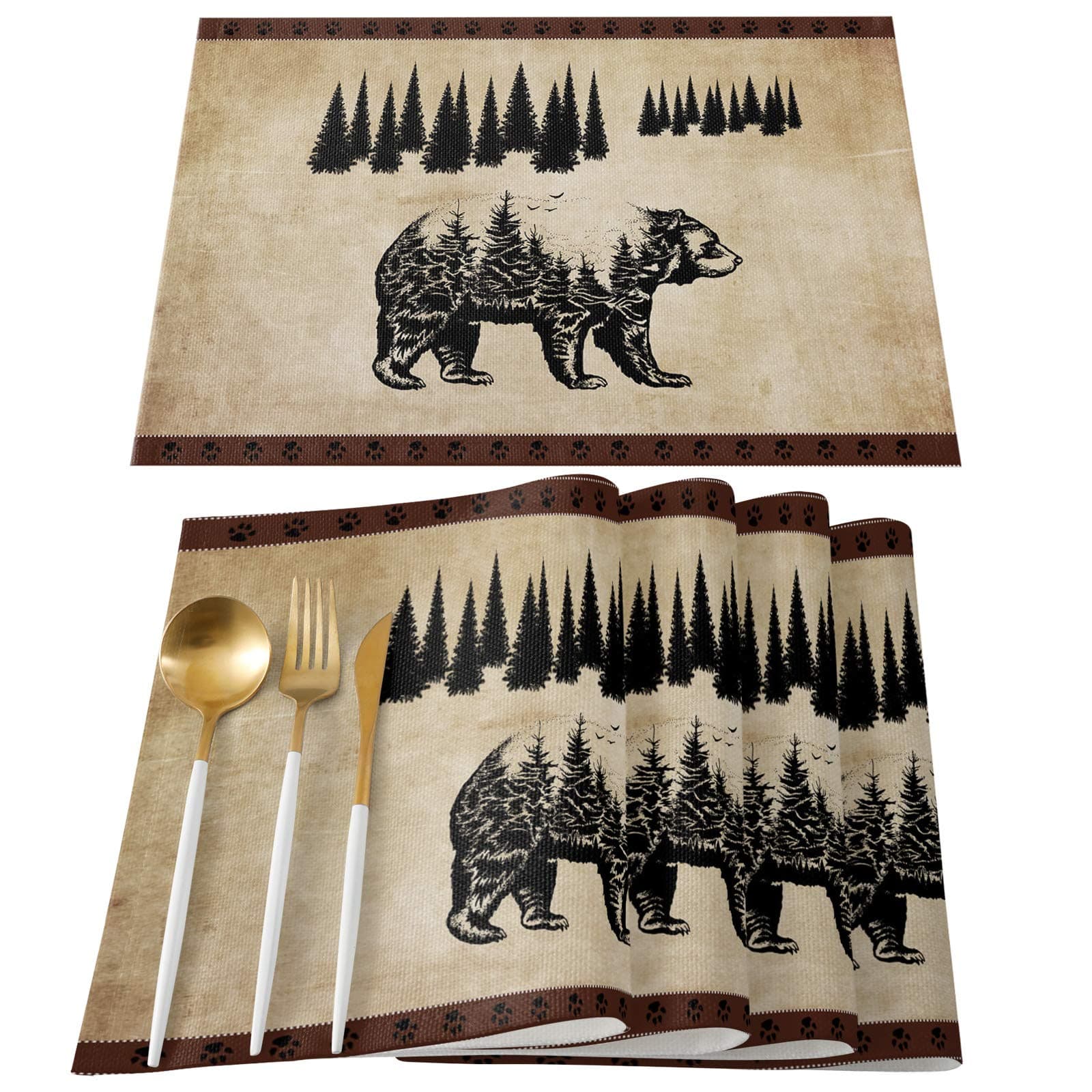 TweetyBed Placemats Vintage Black Bear Pine Tree Silhouettes Tablemats for Dinner Table， Retro Rustic Non-Slip Washable Heat Resistant Table Mats Set of 4