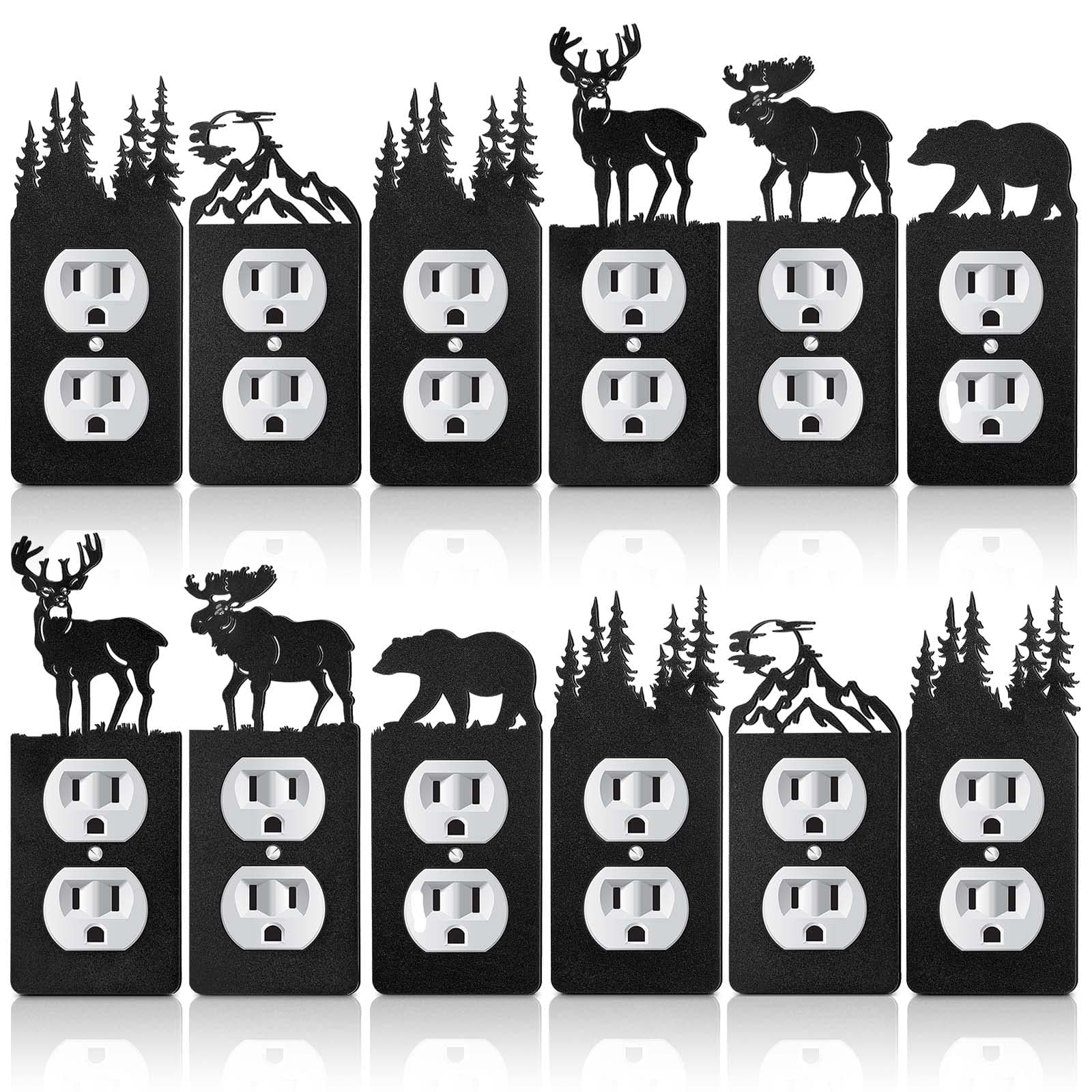 Kingdder 12 Pcs Metal Bear Light Switch Cover Moose Tree Mountain Elk Black Light Switch Plate Forest Outlet Toggle Wall Plate Cover for Home Bedroom Single Gang Socket