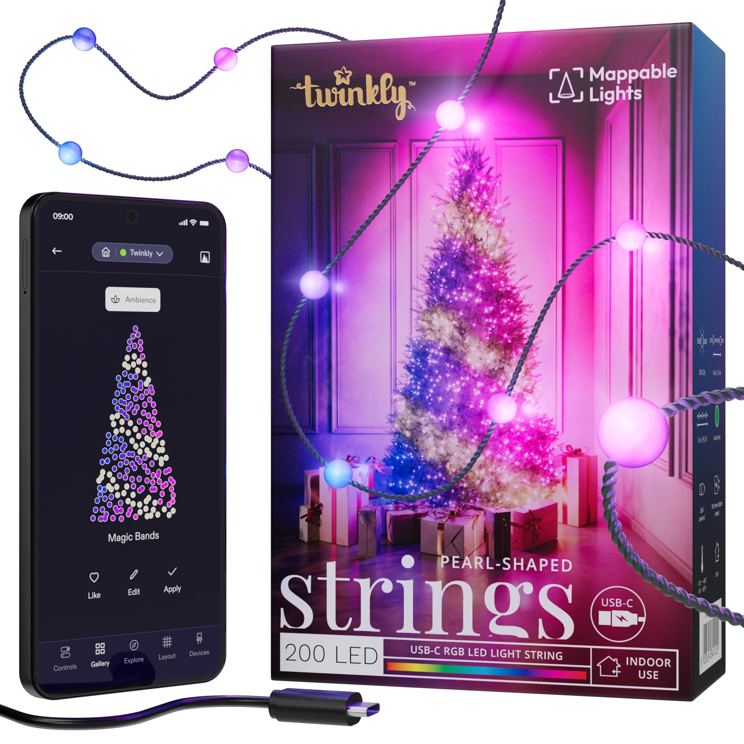 Twinkly Strings USB-C Pearls 200 LED, Pearl Shaped LED Light String, Christmas Lights, RGB Multicolor LED Lights, Mappable LEDs, Compatible with Alexa, Google Home, USB-C Power, Green Wire, 12m