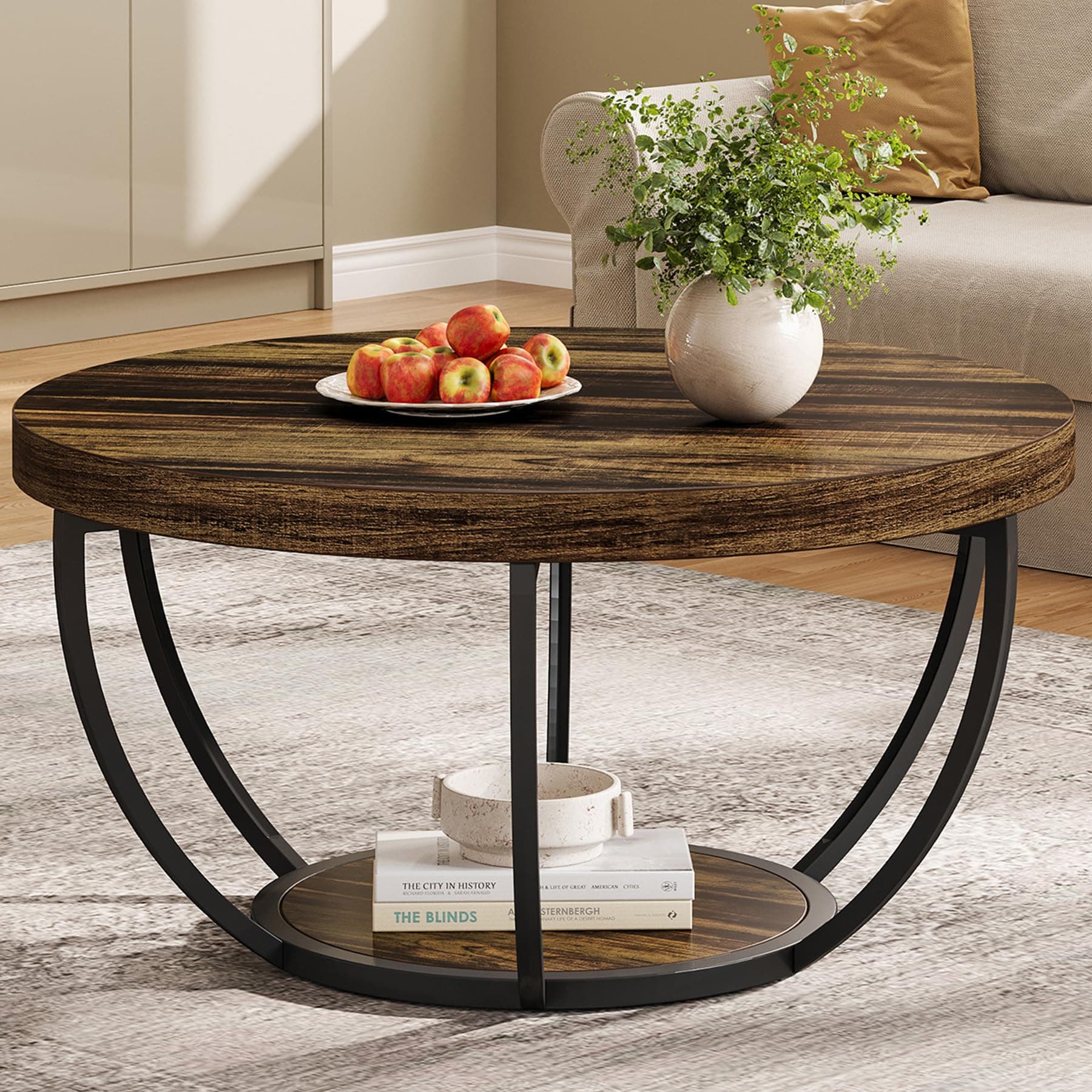 Round Coffee Table, Industrial 2-Tier Circle Coffee Table with Storage Shelves, Modern Wooden Accent Center Table Sofa Side Table for Living Room, Rustic Brown and Black