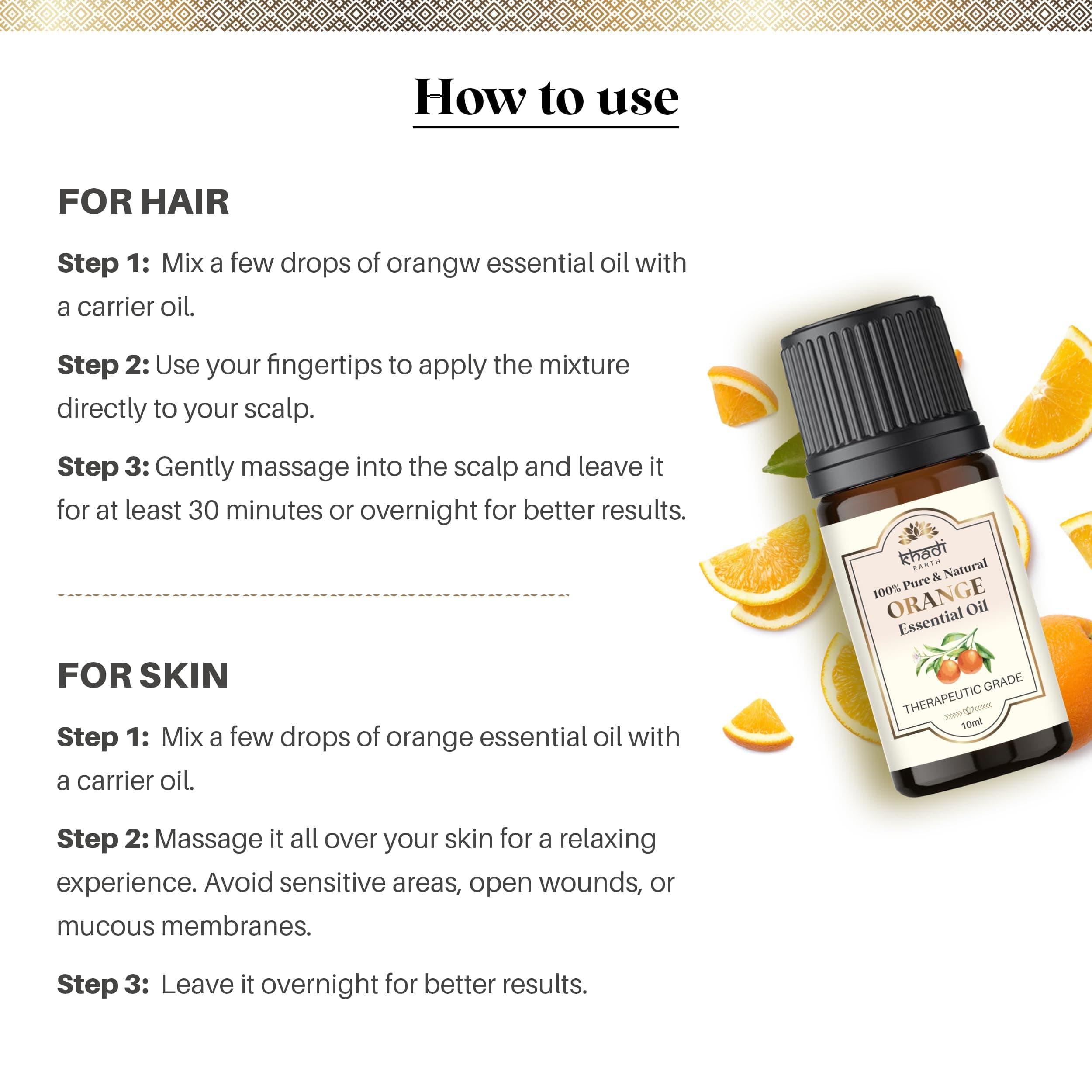 Khadi Earth Orange Essential Oil for Skin, Aromatherapy and Diffuser | Orange Oil to Improve Skin Complexion & Enhance Mood | 100% Pure & Natural Orange Essential Oil - 10ml