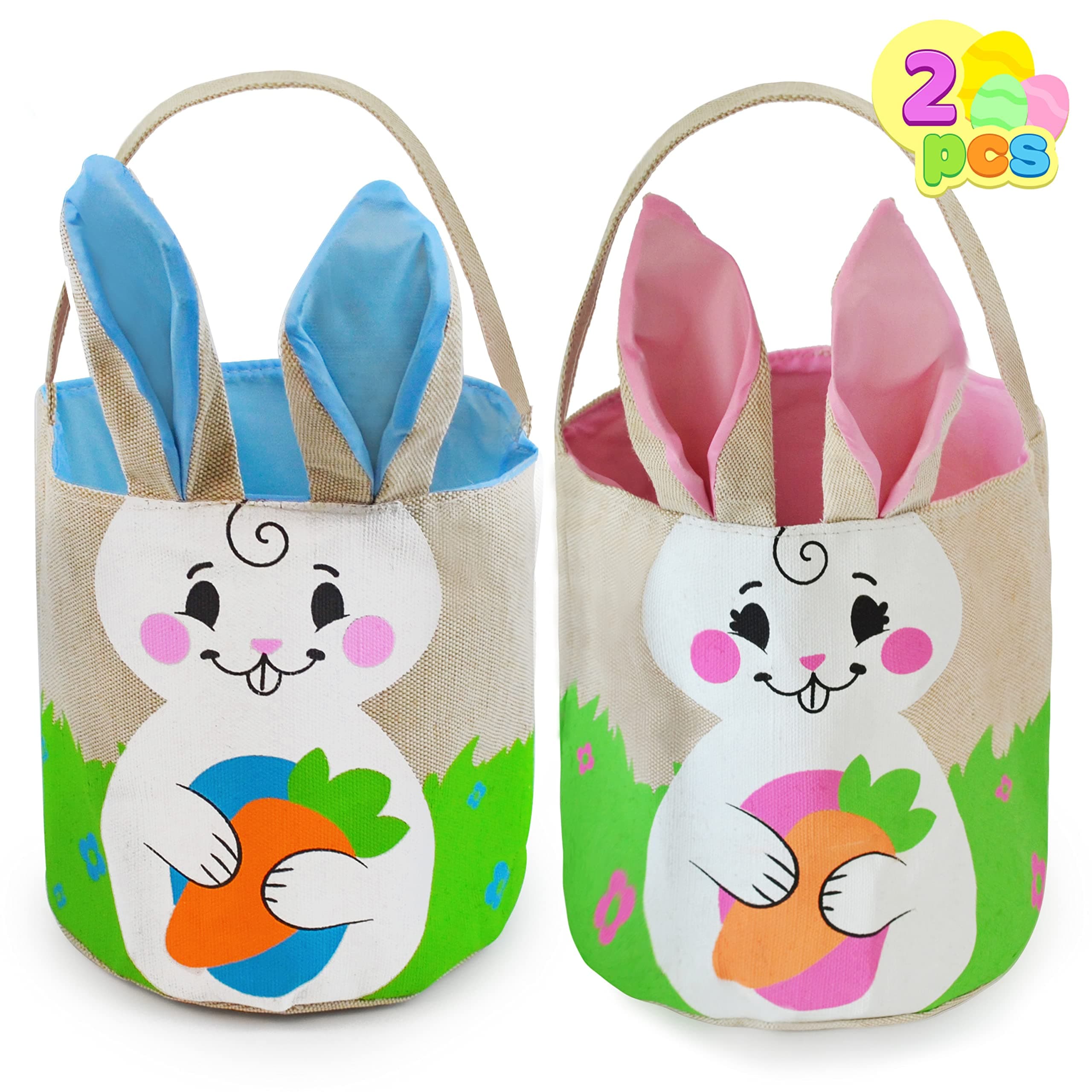 JOYIN 2 PCS Easter Bunny Burlap Basket Set Easter Eggs Hunt Basket Canvas Gift Tote Bag Buckets with Rabbit Ear, Party Favors Celebrate Decorations Gift Candy Toy Storage for Kids Girls Boys(16"X7.5")