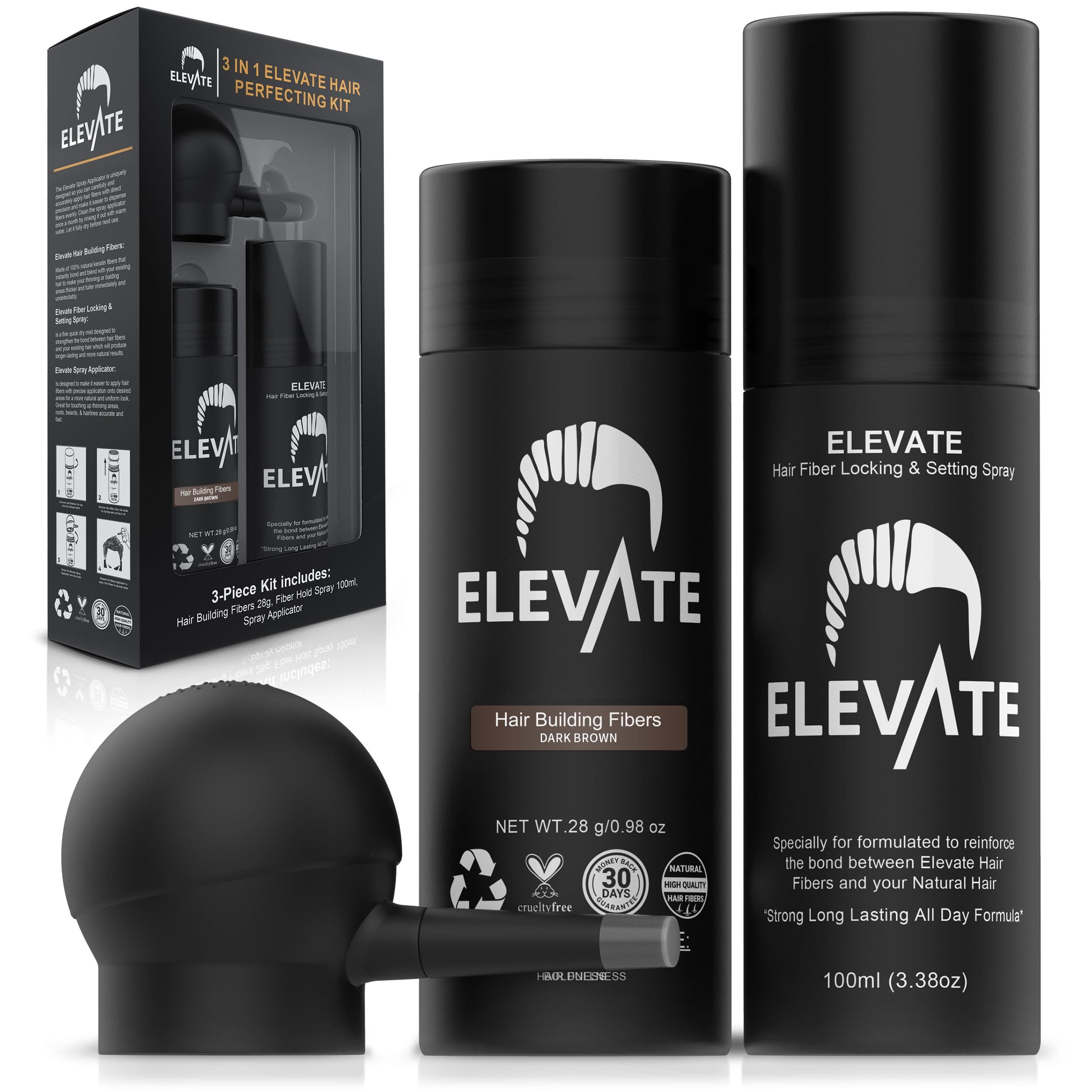 ELEVATE Hair Perfecting 3-in-1 Kit Set Includes Natural Thickening Fibers, Applicator Pump Nozzle & Locking Hold Spray | Instantly Conceal Balding Areas (Dark Brown)