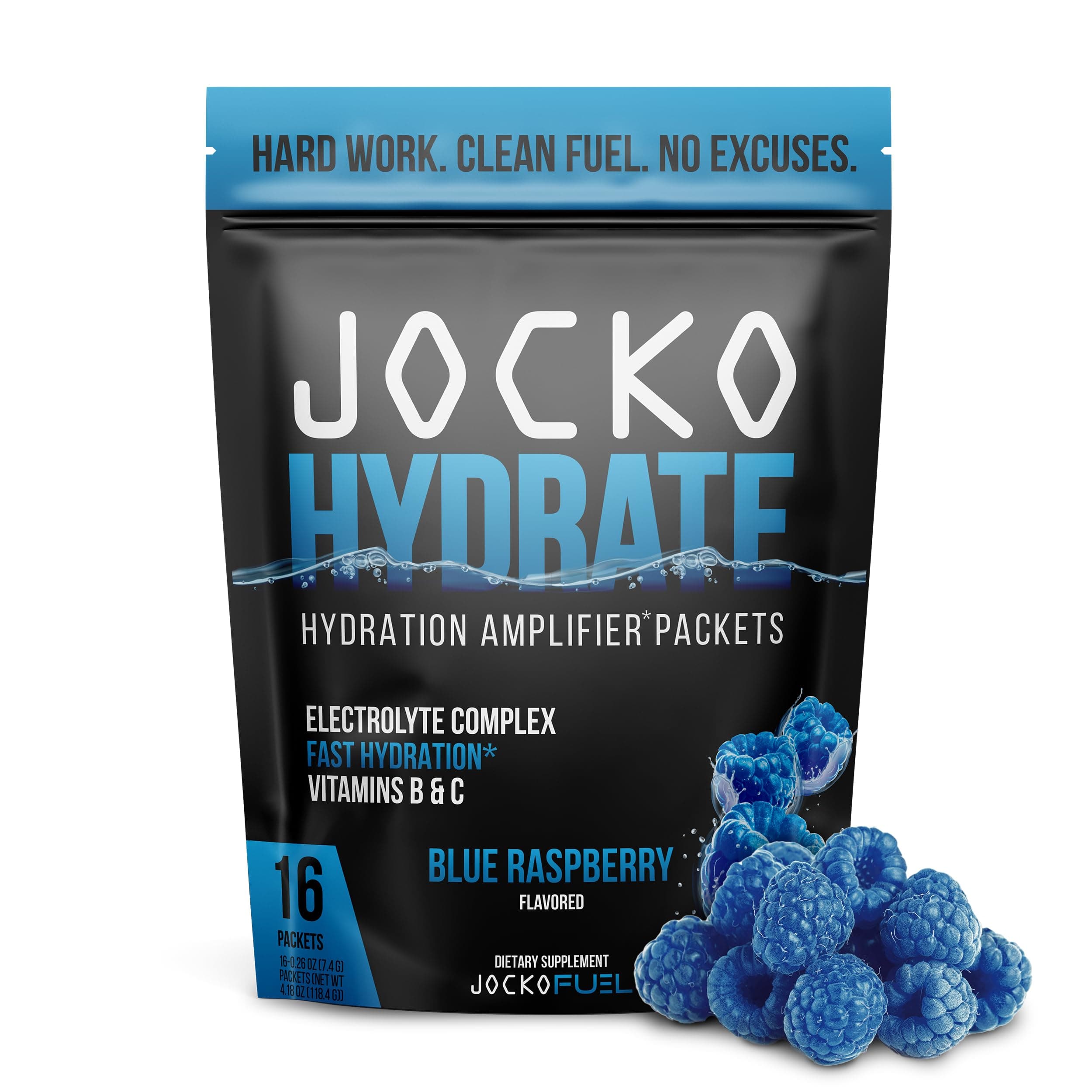 Jocko Fuel Hydrate Electrolytes Powder Packets Low Sugar - Hydration Amplifier Packets for Recovery, Dehydration, & Exercise - with Vitamins B6, B12 & C (16 Packets) Blue Raspberry