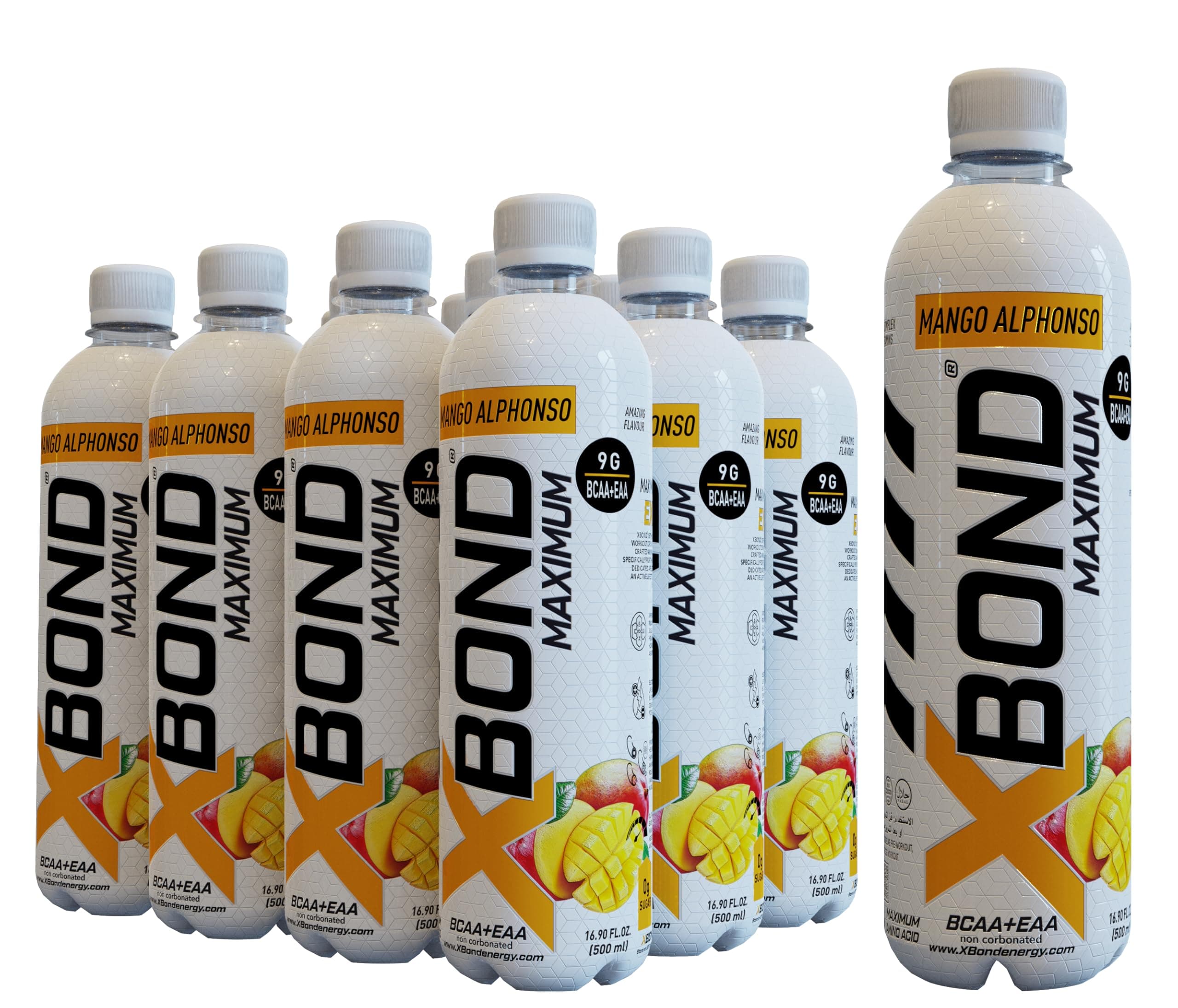 X-BOND Maximum Recovery Mango Alphonso Non Carbonated Drink Maximum Amino Drink - 9g BCAA + EAA Electrolytes - 16 fl oz (500 ml), Sugar Free 34 Calories, Pack of 12