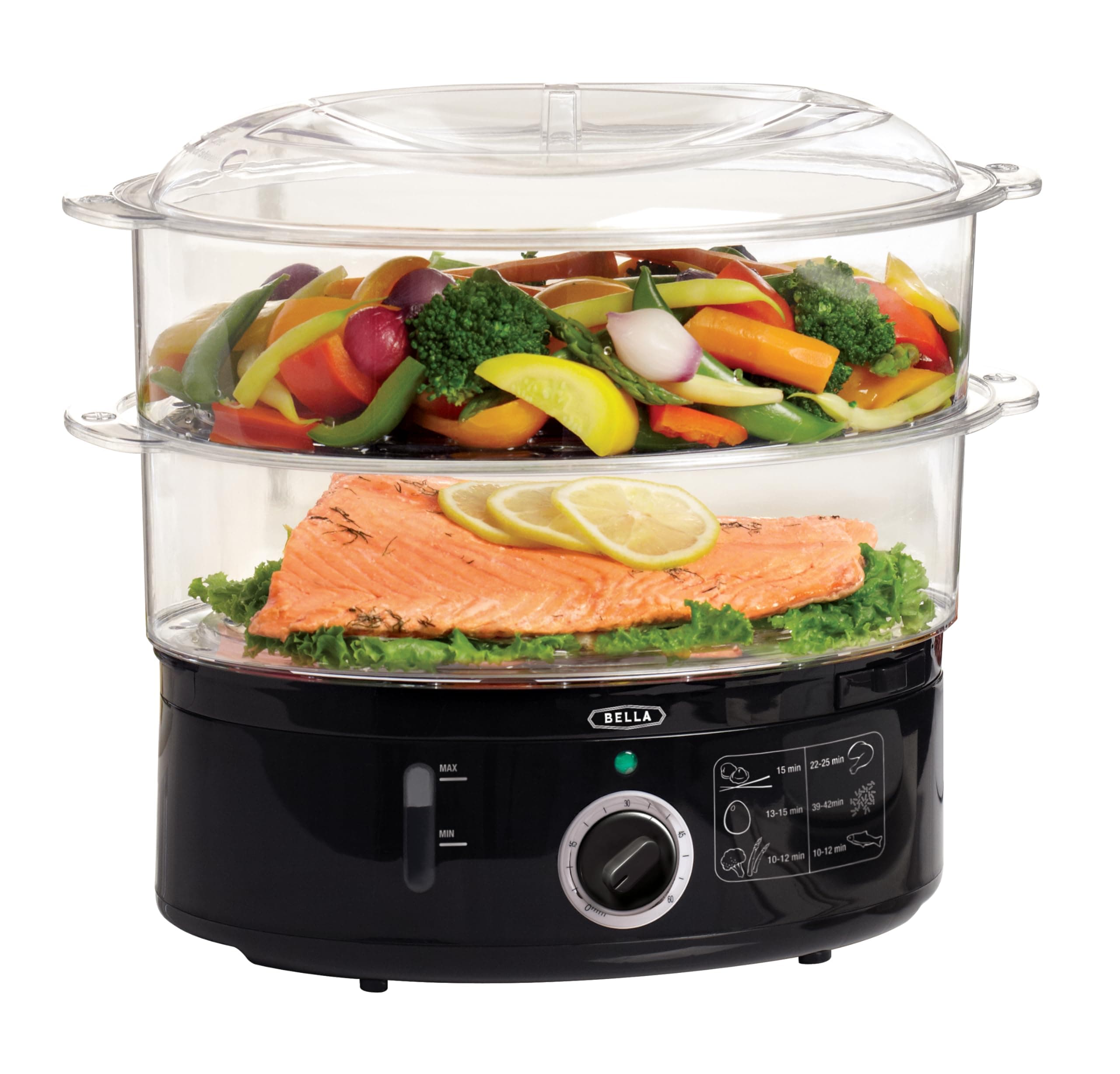 BELLA Two Tier Food Steamer with Stackable Baskets & Removable Base for Fast Simultaneous Cooking - Auto Shutoff & Boil Dry Protection, 7.4 QT, Black