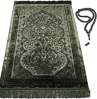 Modefa Luxury Velvet Prayer Rug with Prayer Beads | Soft Elegant Muslim Turkish Janamaz Sajada Carpet for Men and Women | Plain Solid Prayer Mat Ramadan Eid Gift - Paisley (Dark Green)