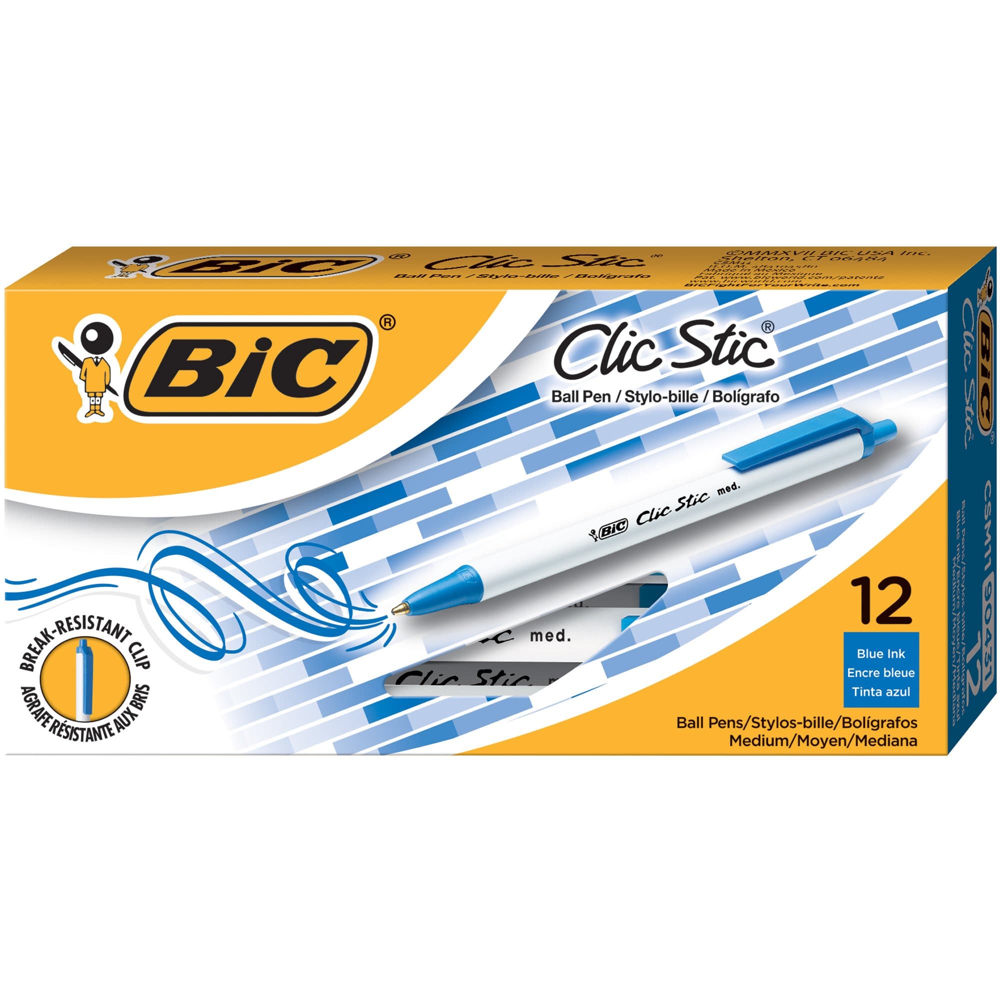 Bic Clic Stic Retractable Ball Pen, Medium Point (1.0mm), Blue, 12-Count