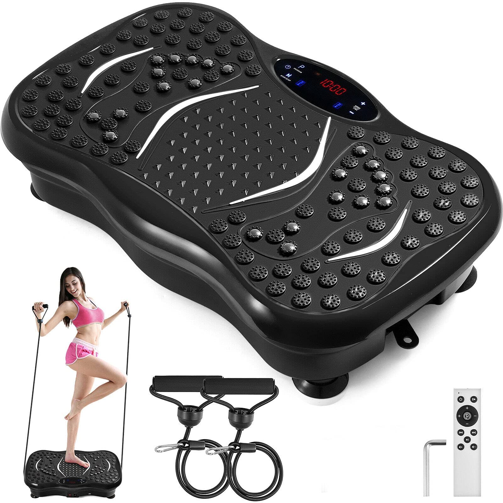 Black Vibration Plate Platform Full Body Exercise 350Lbs LCD 3 Levels Massage Remote Bluetooth USB Music Intelligent Watch Fitness Machine