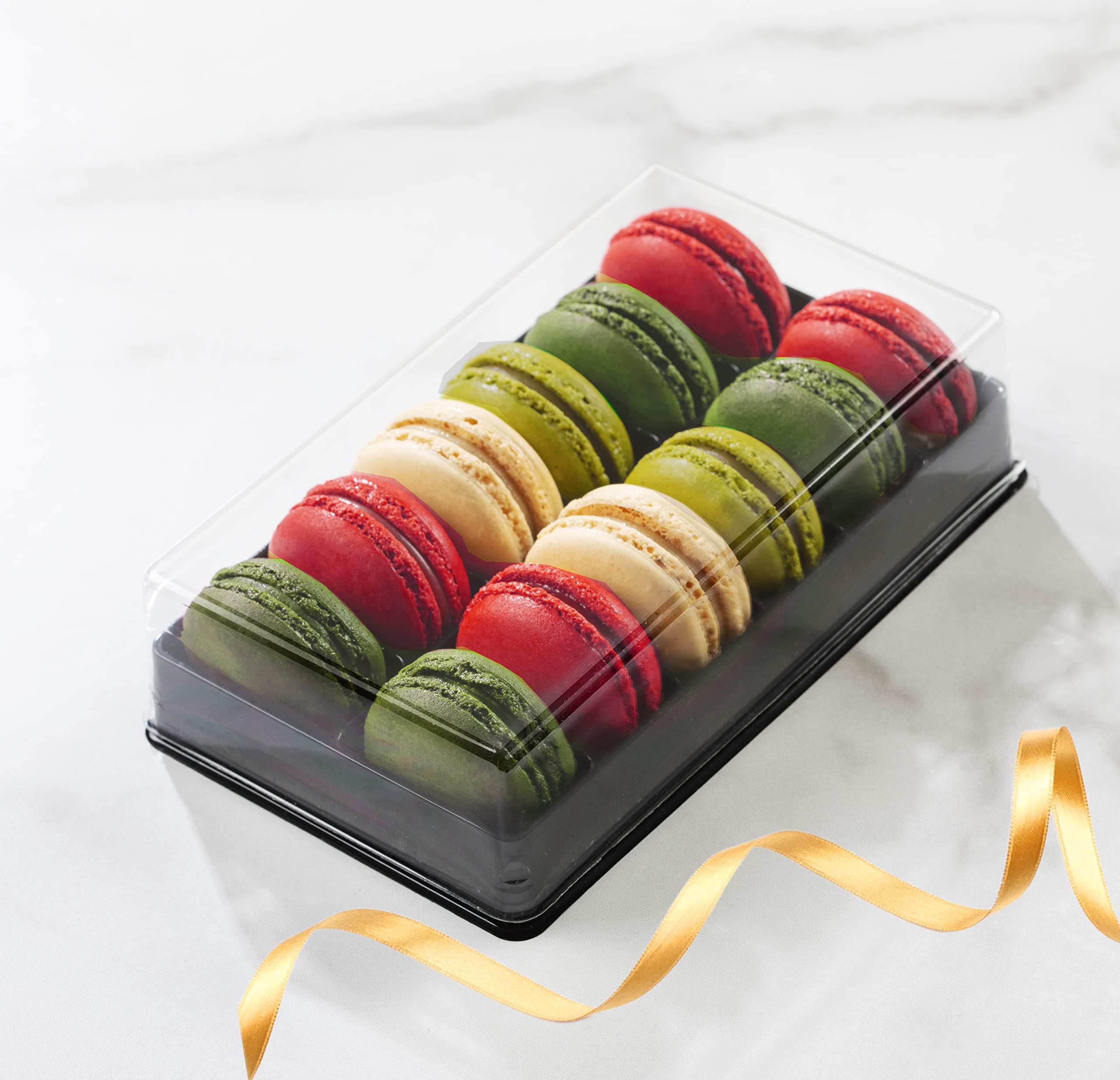 Clear and Black Base Plastic French Macarons Small Gift Boxes - Holds 12 Macarons - Cavity Size 1.76'' x 1'' - Pack of 10