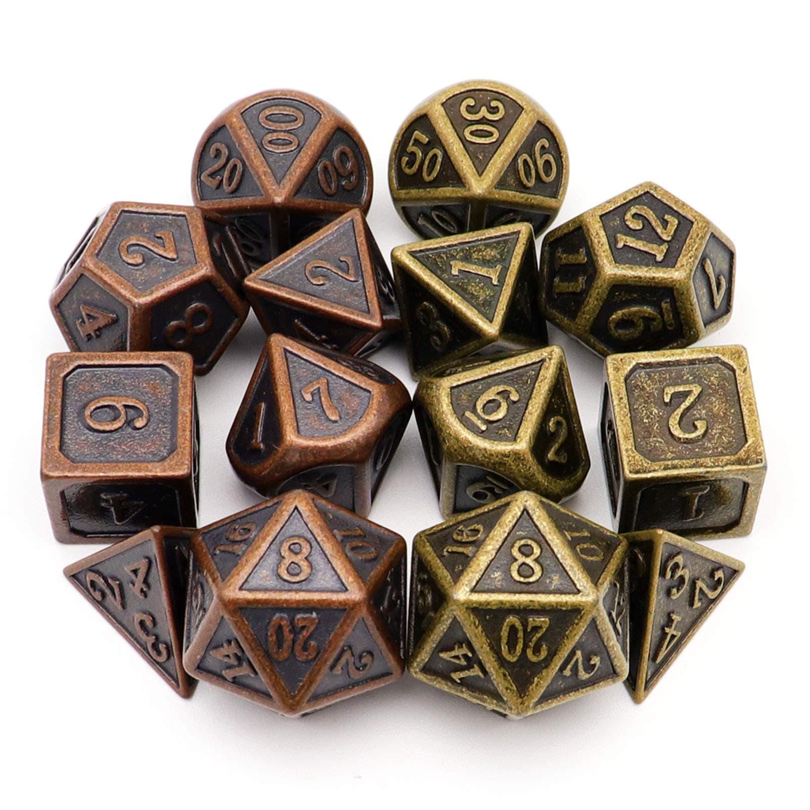 Haxtec Ancient Copper Metal DND Dice Set D&D Compatible with Dungeons and Dragons Gifts TTRPG Games (2 Pack-Antique Copper+Antique Bronze)