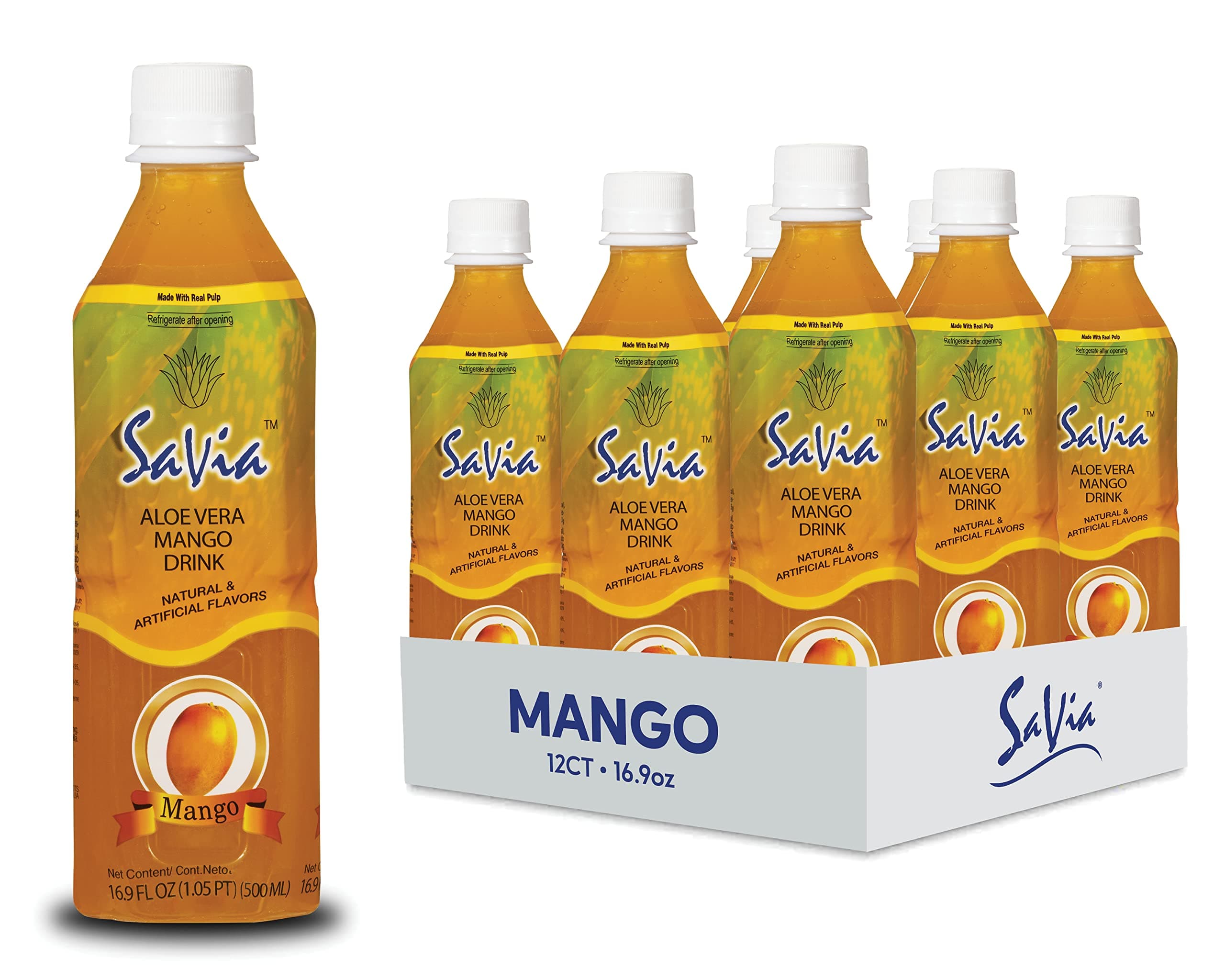 Savia - Mango Aloe Vera Drink, Quality Aloe-Based Beverage With Real Pulp, Natural, Delicious & Refreshing, Vegetarian, Gluten-Free, Fat-Free (16.9oz, 12-Pack)