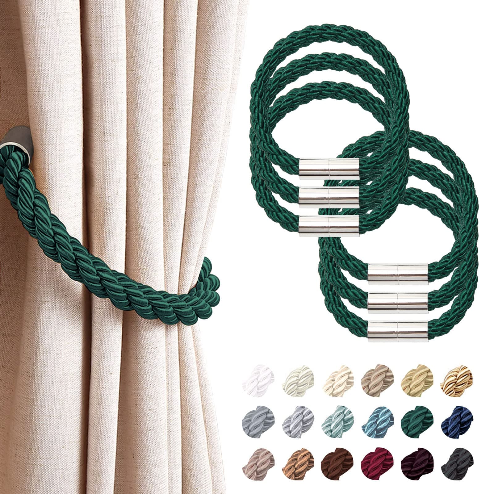 NICEEC 6 Pack Strong Magnetic Curtain Tiebacks Modern Simple Style Drape Tie Backs Convenient Decorative Weave Rope Curtain Holdbacks for Thin or Thick Home & Office Window Draperies (Green)