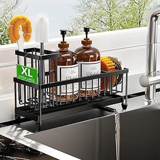 Cisily Sponge Holder for Kitchen Sink, Sink Caddy Organizer with High Brush Holder, Kitchen Countertop Organizers and Storage Essentials, Rustproof 304 Stainless Steel (Black, 10.62″)
