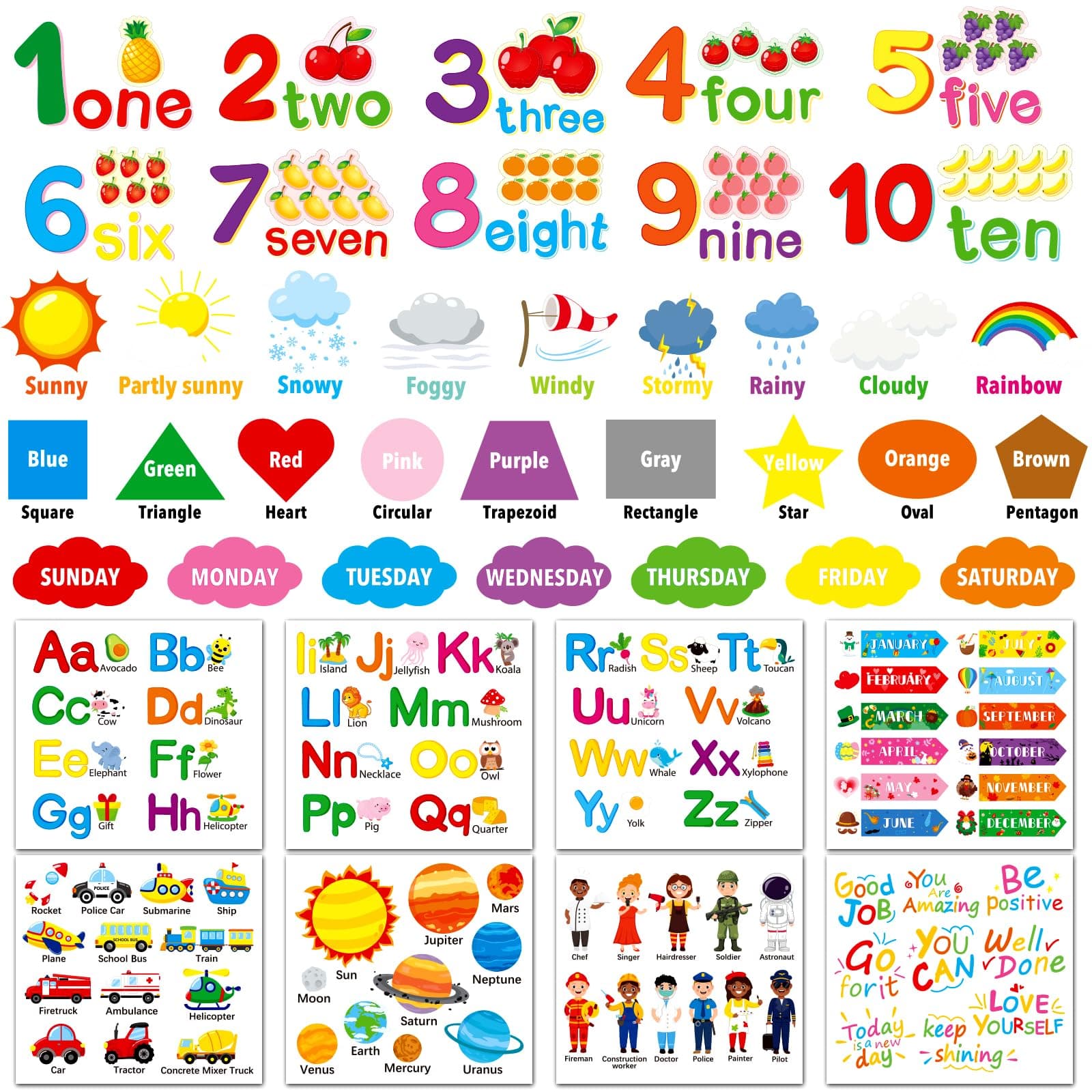 Alphabet Numbers Wall Decals 12 Sheets Color Weather Learning Educational Wall Stickers Peel and Stick Solar System Shape Wall Decals for Kids Toddlers Classroom Playroom Bedroom Wall Decorations