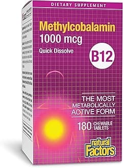 Natural Factors Methylcobalamin 1,000 mcg - Vitamin B12 Supplement in Metabolically Active Form - Supplement Supports Cll Formation & Energy Production - 180 Chewable Tablets (180 Servings)