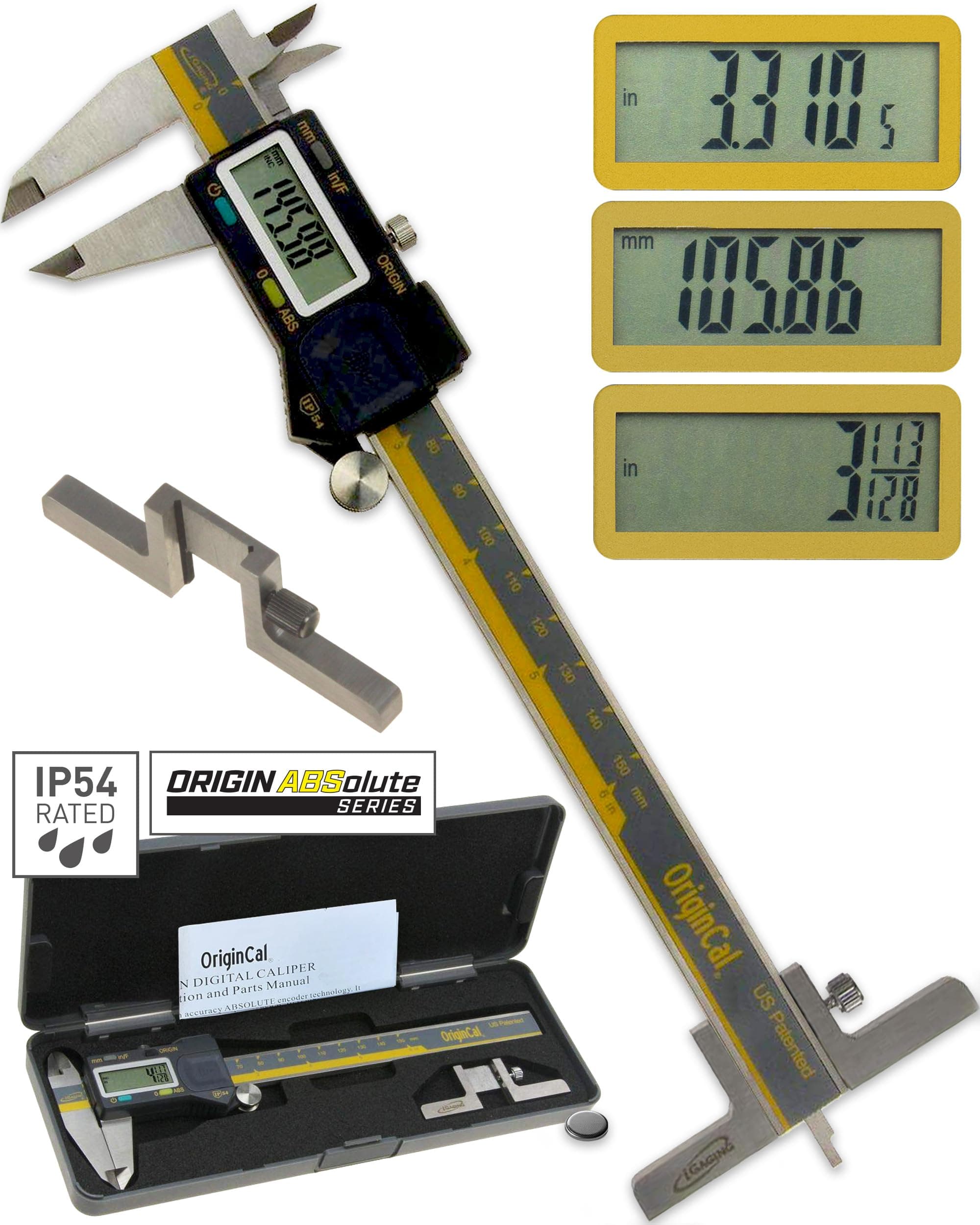 iGAGING Absolute Origin 0-6" Digital Caliper, IP54 Stainless Steel, SPC/USB Output Port, Fraction Reading, Depth Base, Case, Manual, Battery