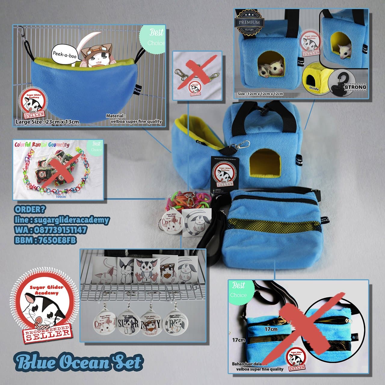 Sugar Glider Cage Set Pouch Mouse Hamster Squirrel PREMIUM Blue Ocean by SGA (+Many Bonus)