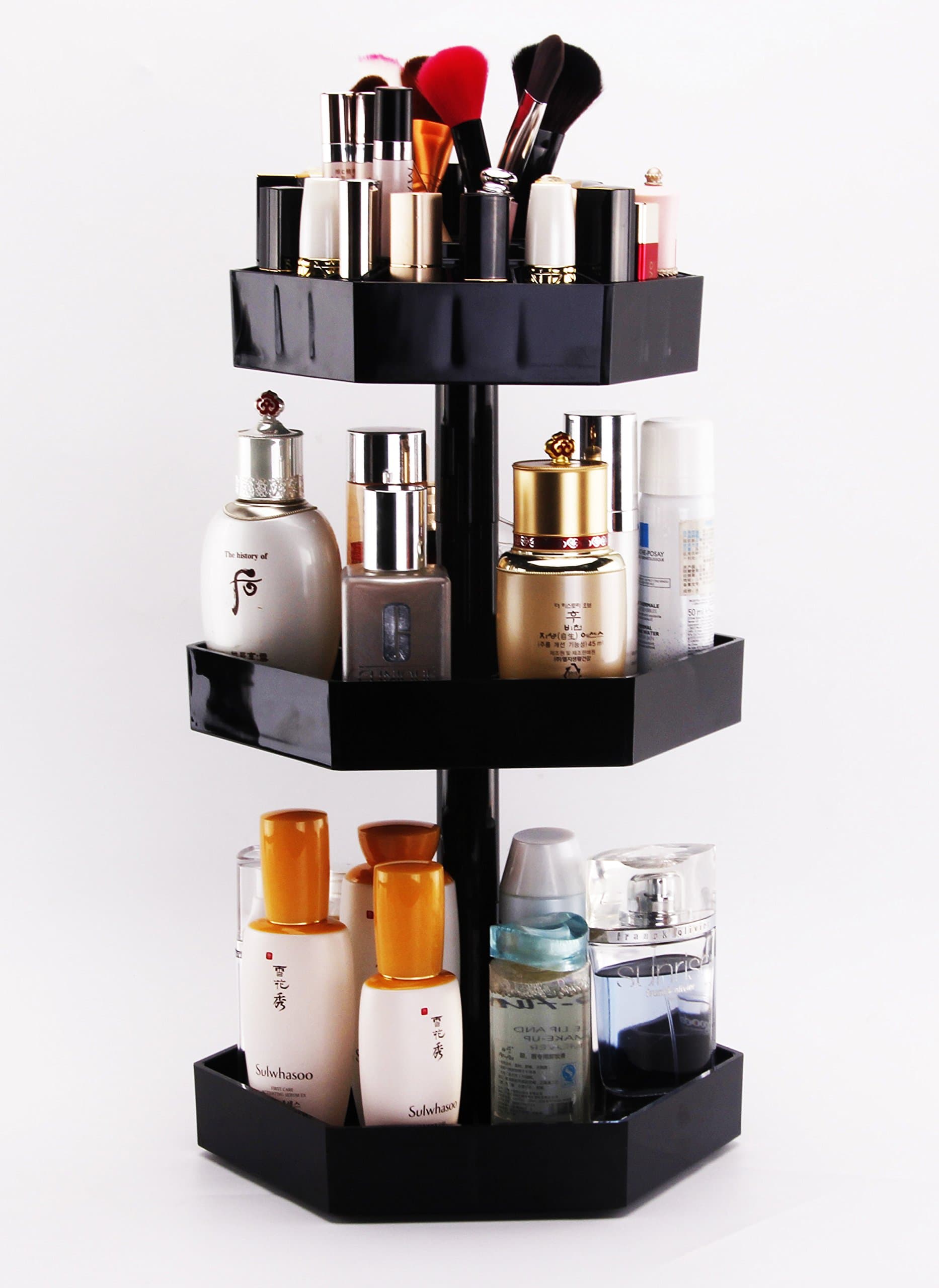 Home Makeup Organizer 360 Degree Rotating, Adjustable Multi-Function Acrylic Jewelry & Cosmetic Storage Box Display, Small Size Extra Large Capacity, 3 Layers, Fits Different Sizes of Cosmetics
