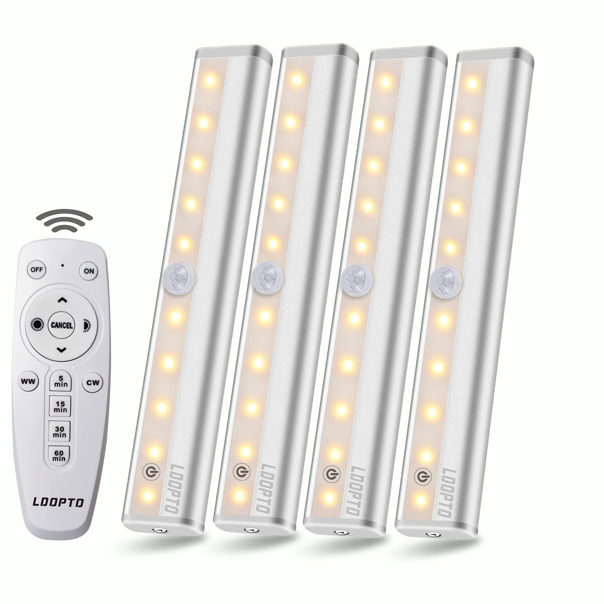 LDOPTO Under Cabinet Kitchen Lights with Remote Dimmable LED Cupboard Battery Powered LED Bedroom Lights with Timer for Kitchen Hallway, Multiple Colors 4 Pack