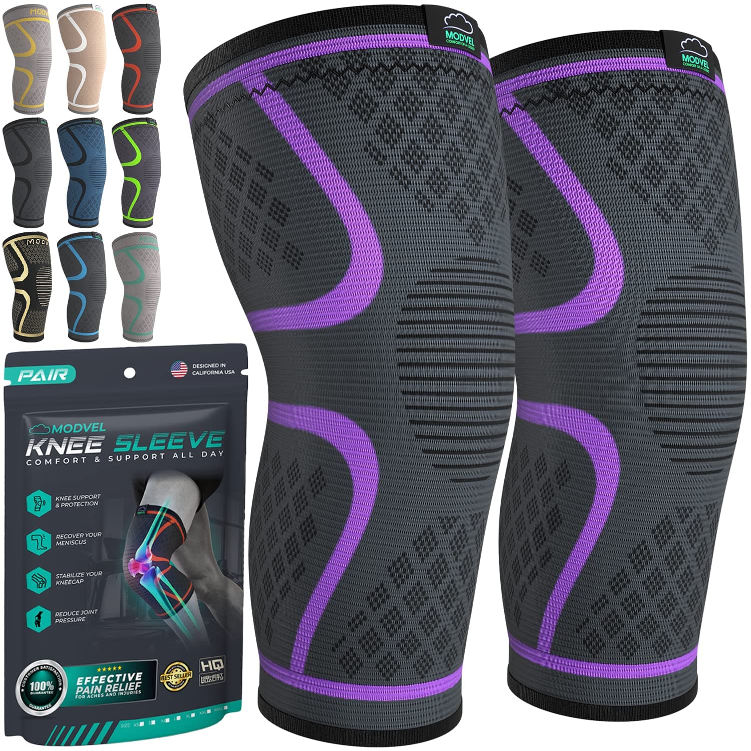 MODVEL Knee Compression Sleeve with Knee Support – Breathable, Flexible Fit for Men & Women, Ideal for Daily Use & Workouts, Purple (L)OEKO-TEX STANDARD 100