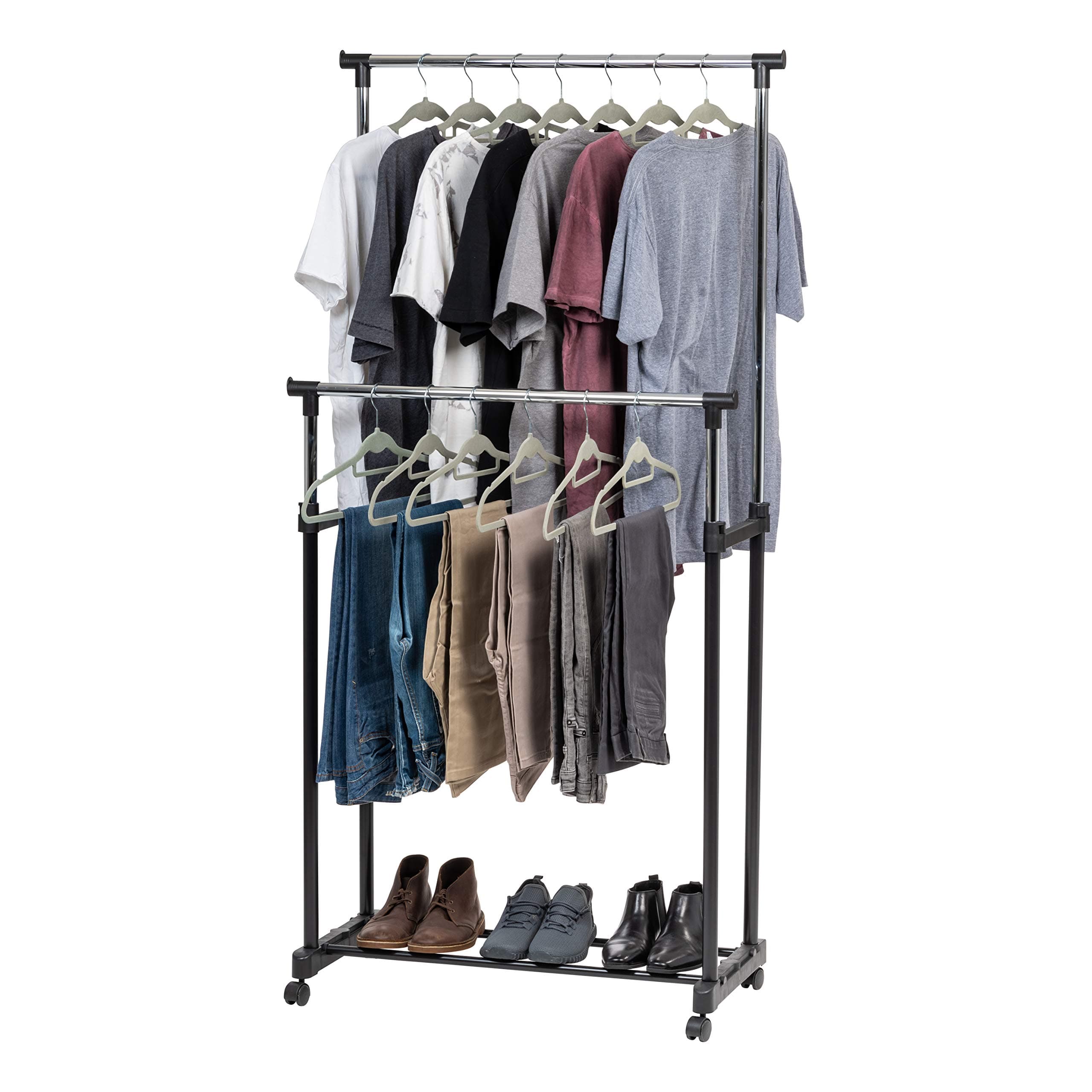 IRIS USA Clothes Rack, Portable Double-Rod Height Adjustable with Lockable Wheels, Rolling Garment Rack, Double Rod Wardrobe Rack, Easy Assemble, for Clothes, Belts, Shoes, and Bags