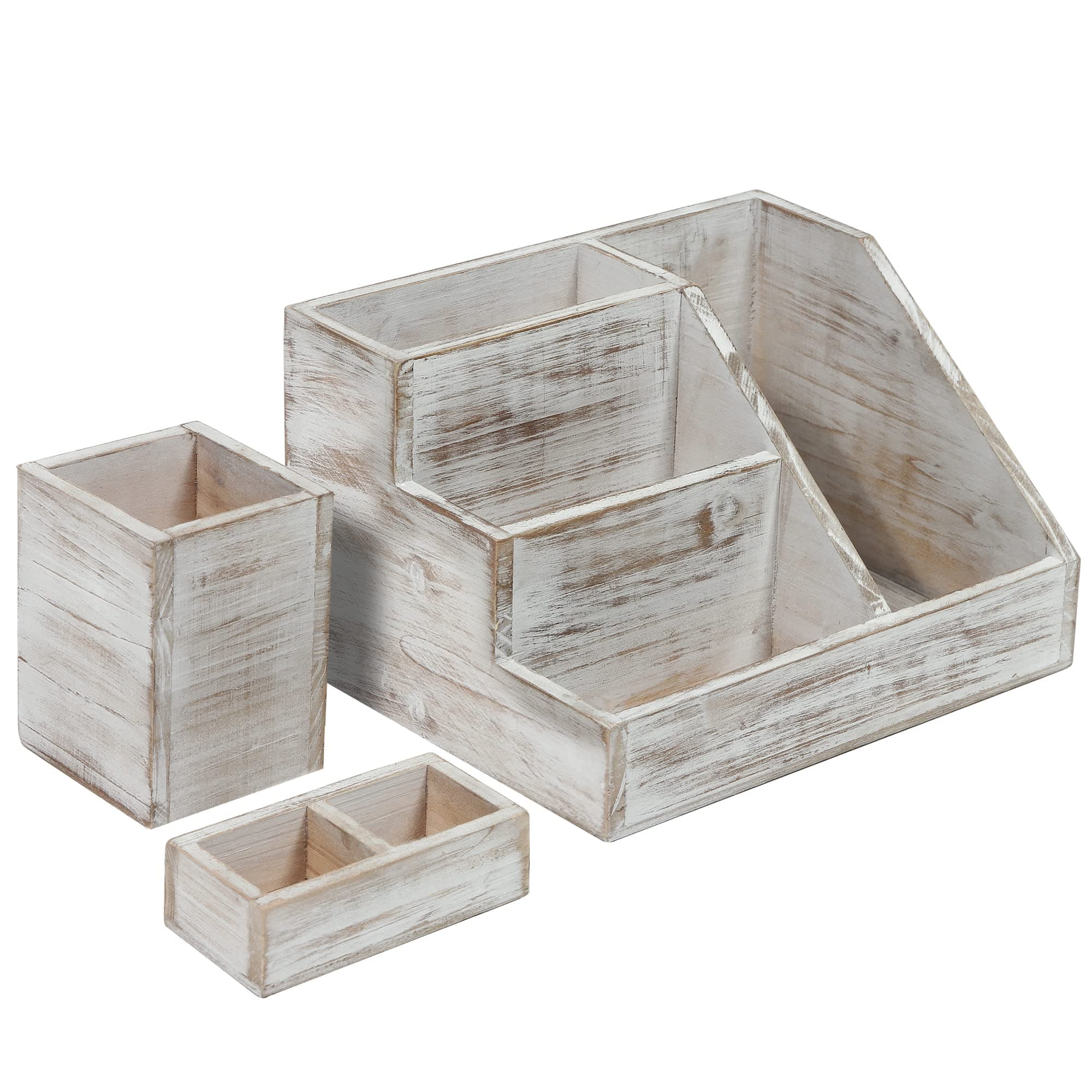 Rustic Wooden Desk Organizer Set, 3-Piece Whitewashed Mail Organizer for Desktop - Great for Rustic or Industrial Home Decor