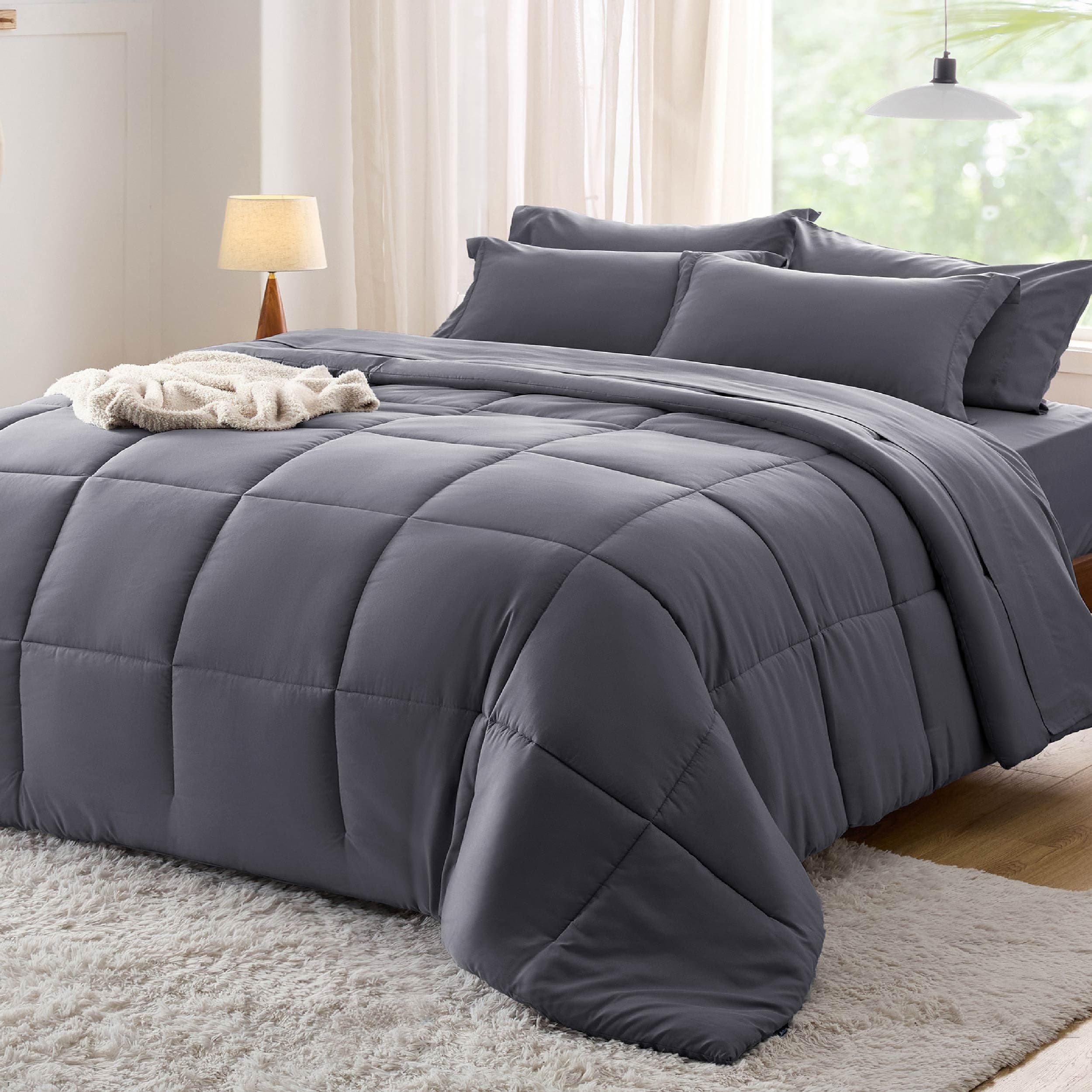 Bedsure Dark Grey Comforter Set Full - 7 Pieces Solid Bed in a Bag, Full Bed Set with Comforter, Sheets, Pillowcases & Shams