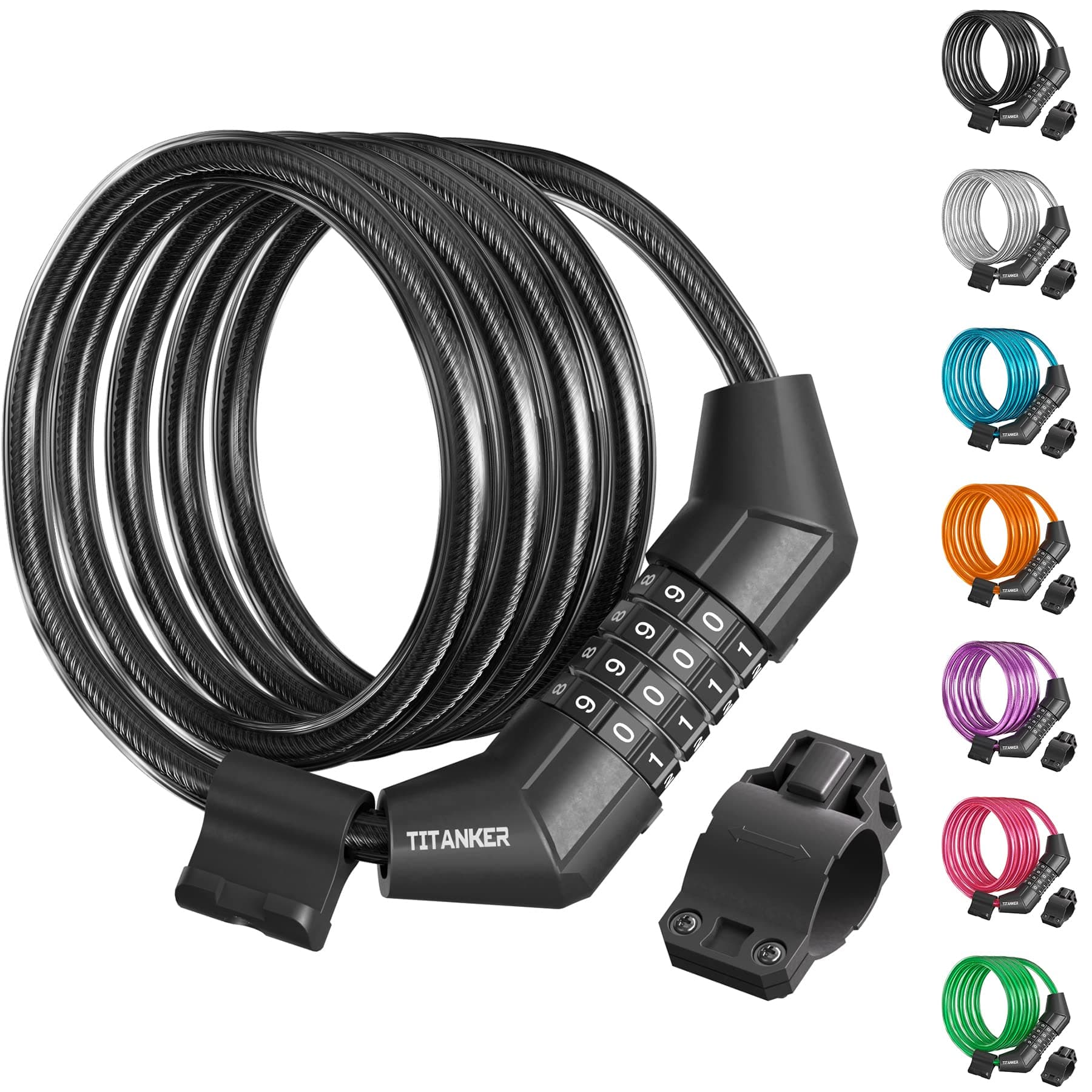 Bike Lock Cable, 4 Feet Bike Cable Lock Basic Self Coiling Kids Bike Lock Combination with Complimentary Mounting Bracket, 5/16 Inch Diameter (4FT, Black-8mm)