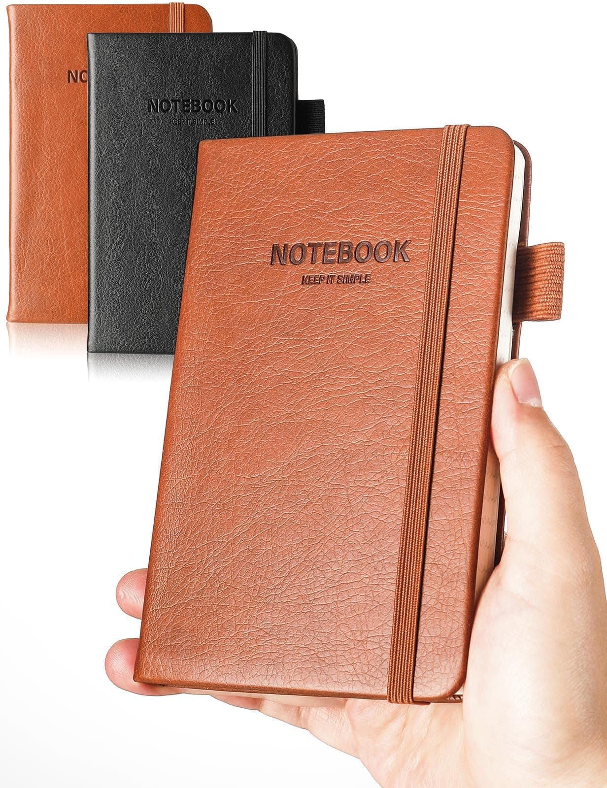 Pocket Notebook Small Notebook 2-Pack, 3.5" x 5.5" Pocket Notebooks Hardcover with Thick Lined Paper, Inner Pockets, Cover Letter Embossing Design Mini Journal Notepad 1Black 1Brown Leather