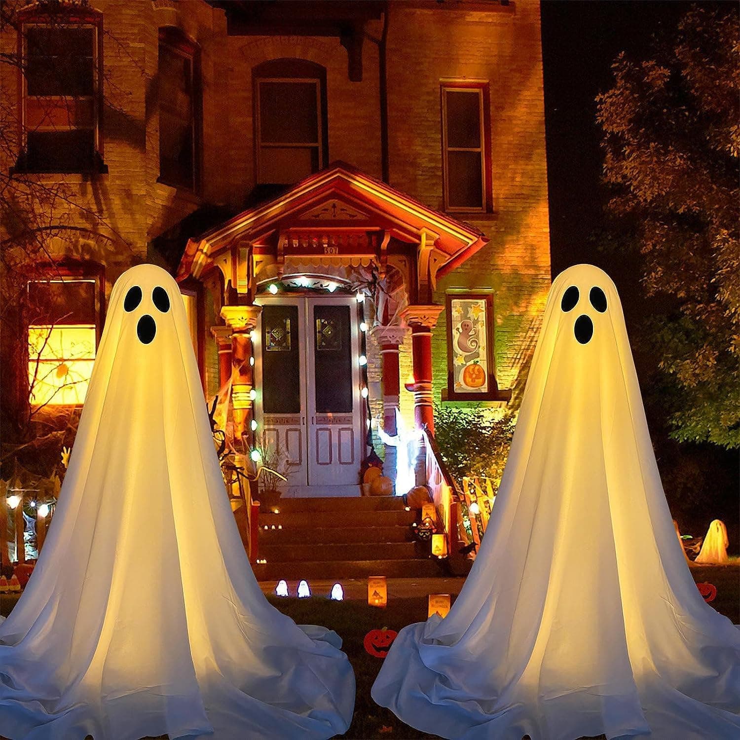 Rianpesn 2 Pack Halloween Ghosts Decorations, Spooky Ghost Halloween Decor With Light Strings Battery Operated, Large Lighted White Cloth Ghost Decoration For Yard Tree Haunted House Decor