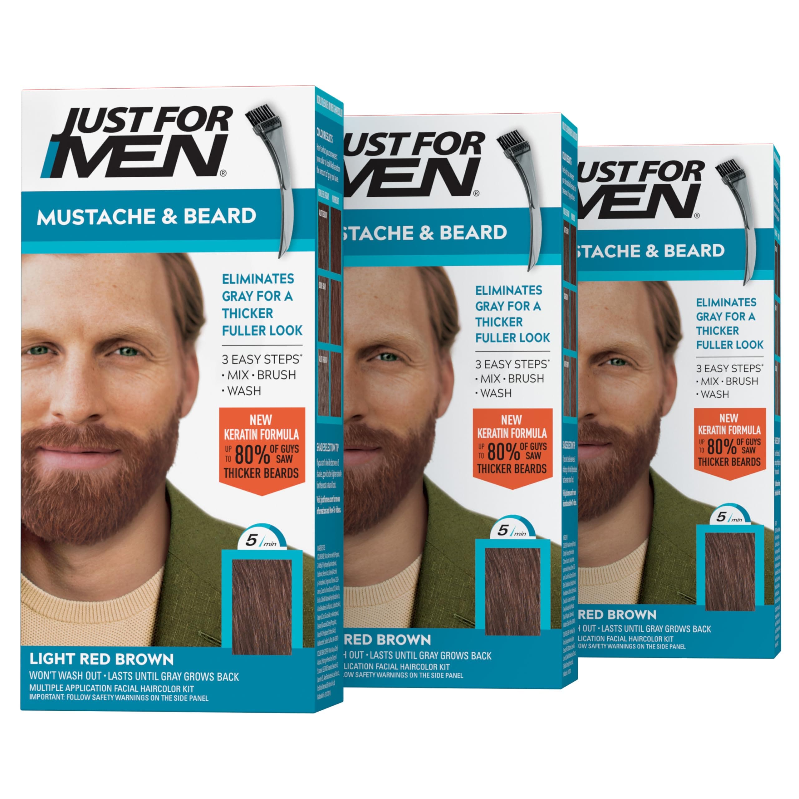 Mustache and Beard, Beard Color for Grey Hair with Brush Included - Color: Light Brown, M-27, Pack of 3