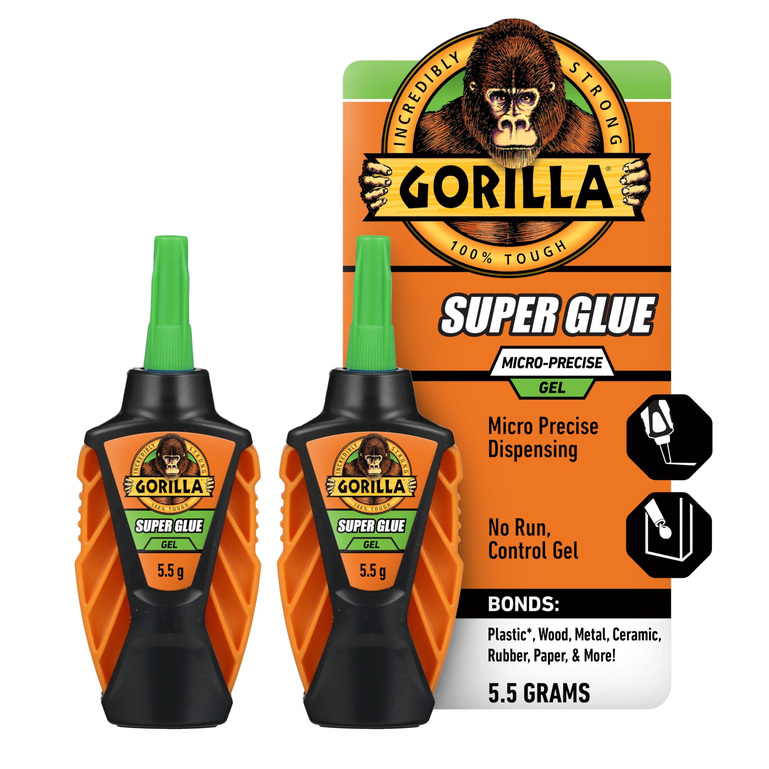 Gorilla Micro Precise Super Glue Gel, Cyanoacrylate Glue, Fast Setting, Precise Dispensing Tool, Anti-Clog Cap, Clear, 5.5g, (Pack of 2)