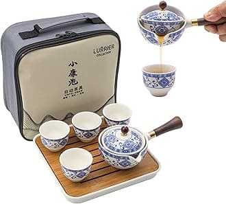 LURRIER Porcelain Chinese Gongfu Tea Set,Portable Teapot Set with 360 Rotation Tea maker and Infuser,Portable All in One Gift Bag for Travel,Home,Gifting,Outdoor and Office (Floral White)