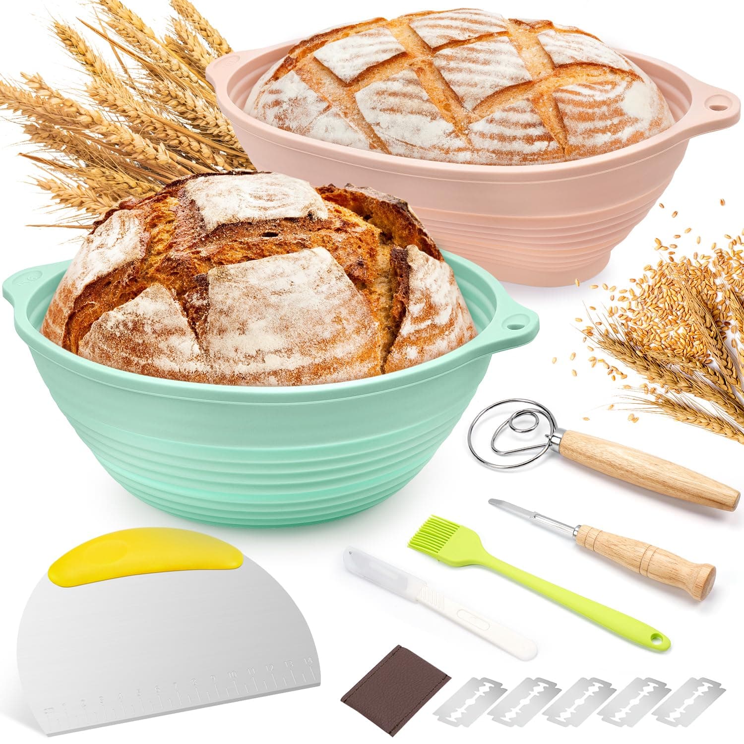 Sourdough Proving Basket Kit, 7Pcs Foldable Bread Proofing Basket, Round Silicone Proving Bowl, Oval Sourdough Bread Baking Supplies Dough Scraper, Dough Whisk, Silicone Basting Brush