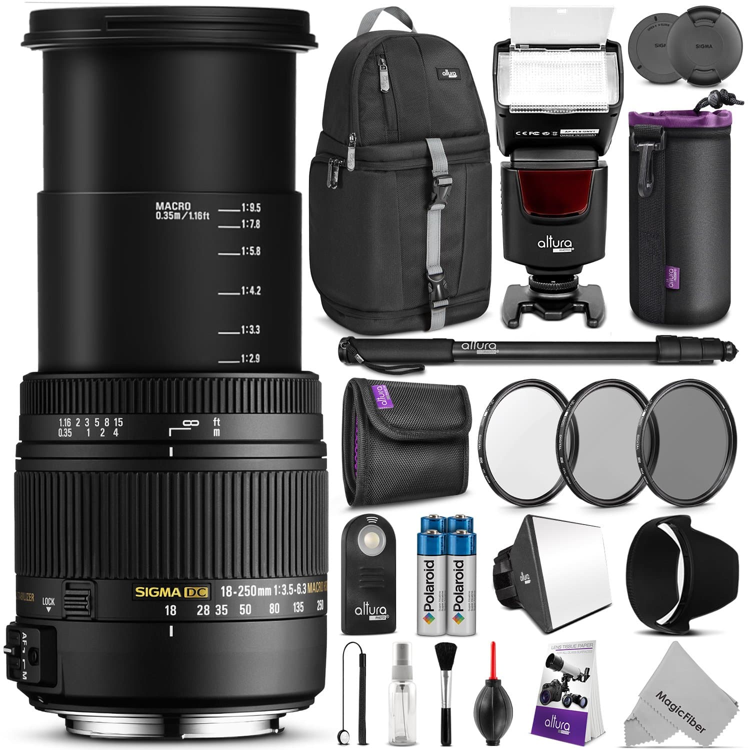 Sigma 18-250mm f/3.5-6.3 DC Macro OS HSM Lens for NIKON DSLR Cameras w/ Complete Flash, Photo and Travel Bundle