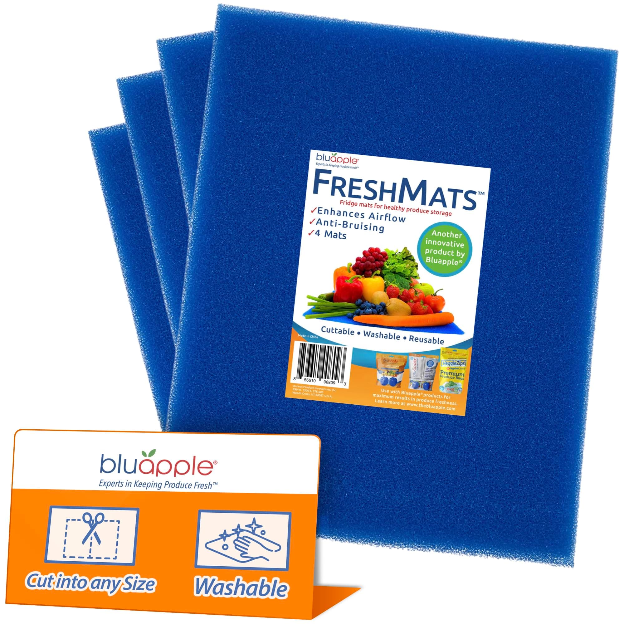 FreshMats, Refrigerator Bin Liner, Fridge Drawer Mats, Crisper Life Extender Liner Keeps Produce Fresh Longer, Anti-Bruising, Helps Air Circulation, Washable & Reusable (4-Mats, 12x15, Blue)