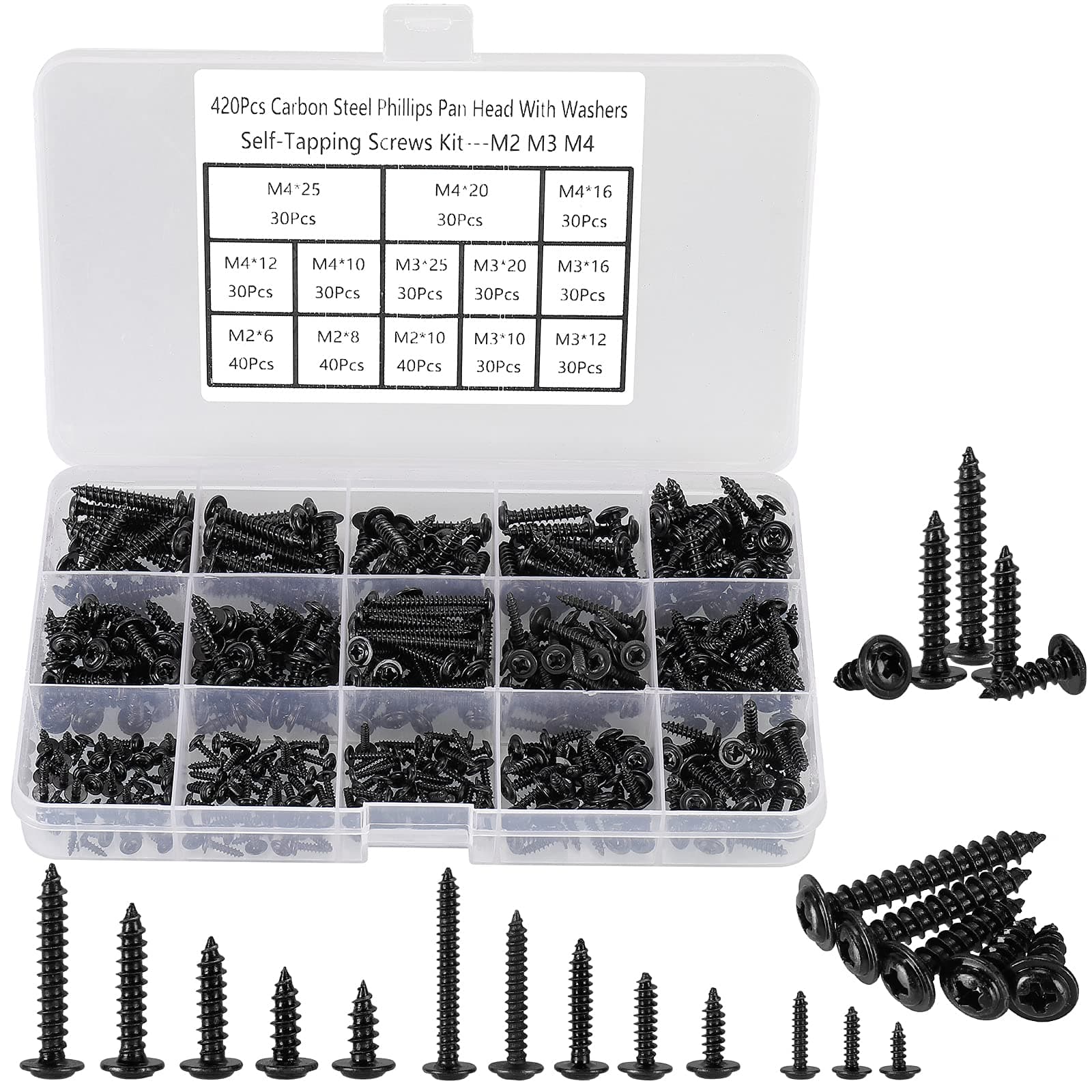 420pcs M2 M3 M4 Truss Head Self Tapping Wood Screws-Black