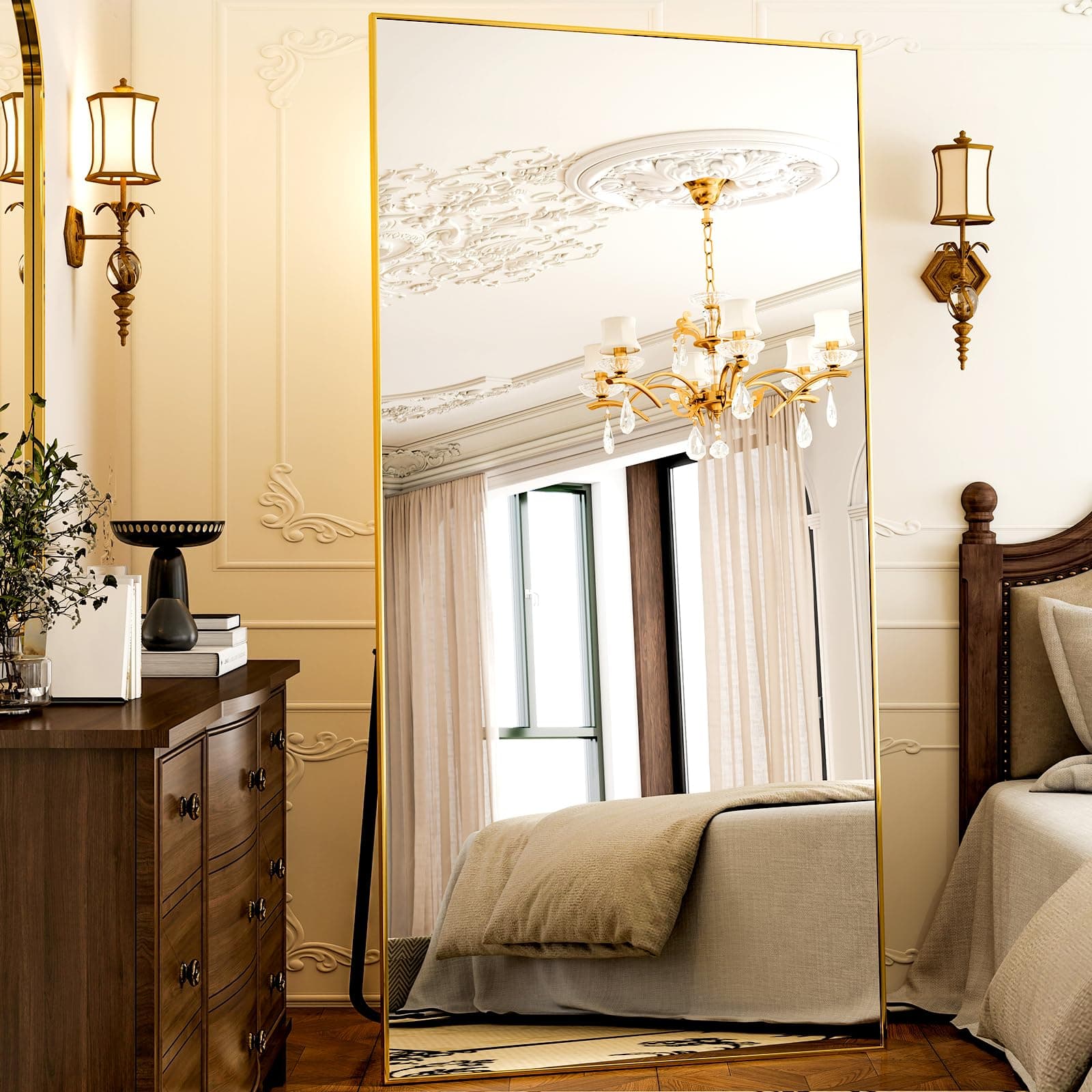 GLSLAND-38 x 77" Rectangular Full Length Mirror - Large Floor Mirrors Aluminum Alloy Frame Full Body Dressing Mirror for Bedroom, Living Room,Gold