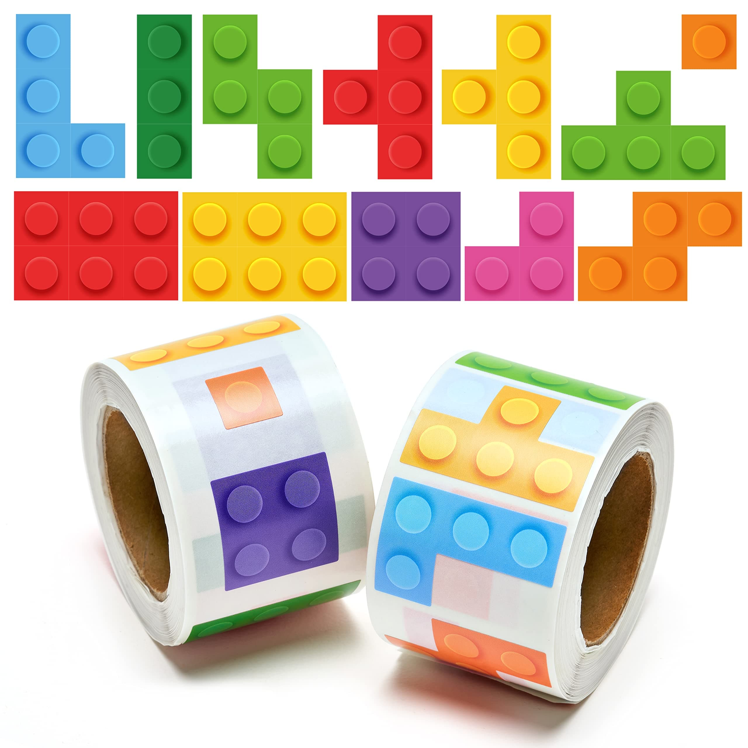 1000Pcs Block Stickers for Kids, 2 Roll Assorted Bricks Paper Self Adhesive Decal Peel and Stick Removable Toy Brick Lover Gift Birthday Party Supplies Bulk Decor Game