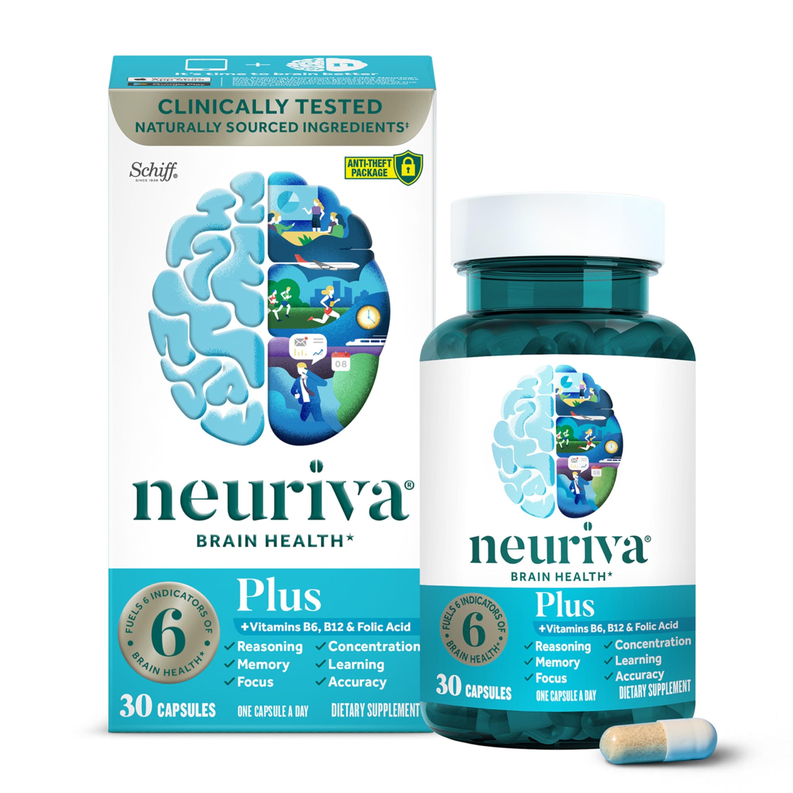 - NEURIVA Plus Brain Supplement for Memory and Focus Clinically Tested Nootropics for Concentration for Mental Clarity, Cognitive Enhancement Vitamins B6, B12, Phosphatidylserine 30 Capsules