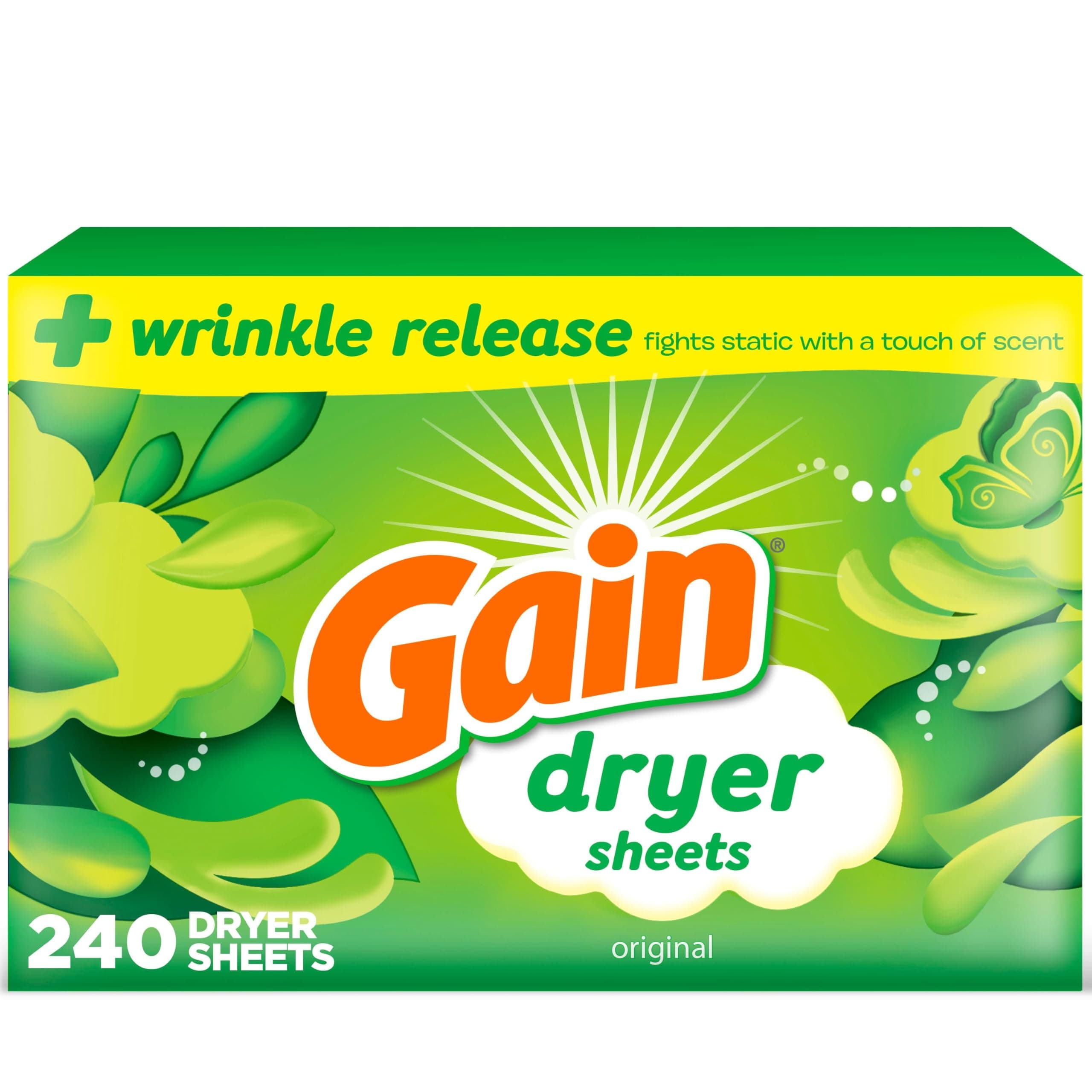 Gain Dryer Sheets Plus Wrinkle Release, Original Scent, 240 Count, Wrinkle Reducing Anti Static Laundry Sheet