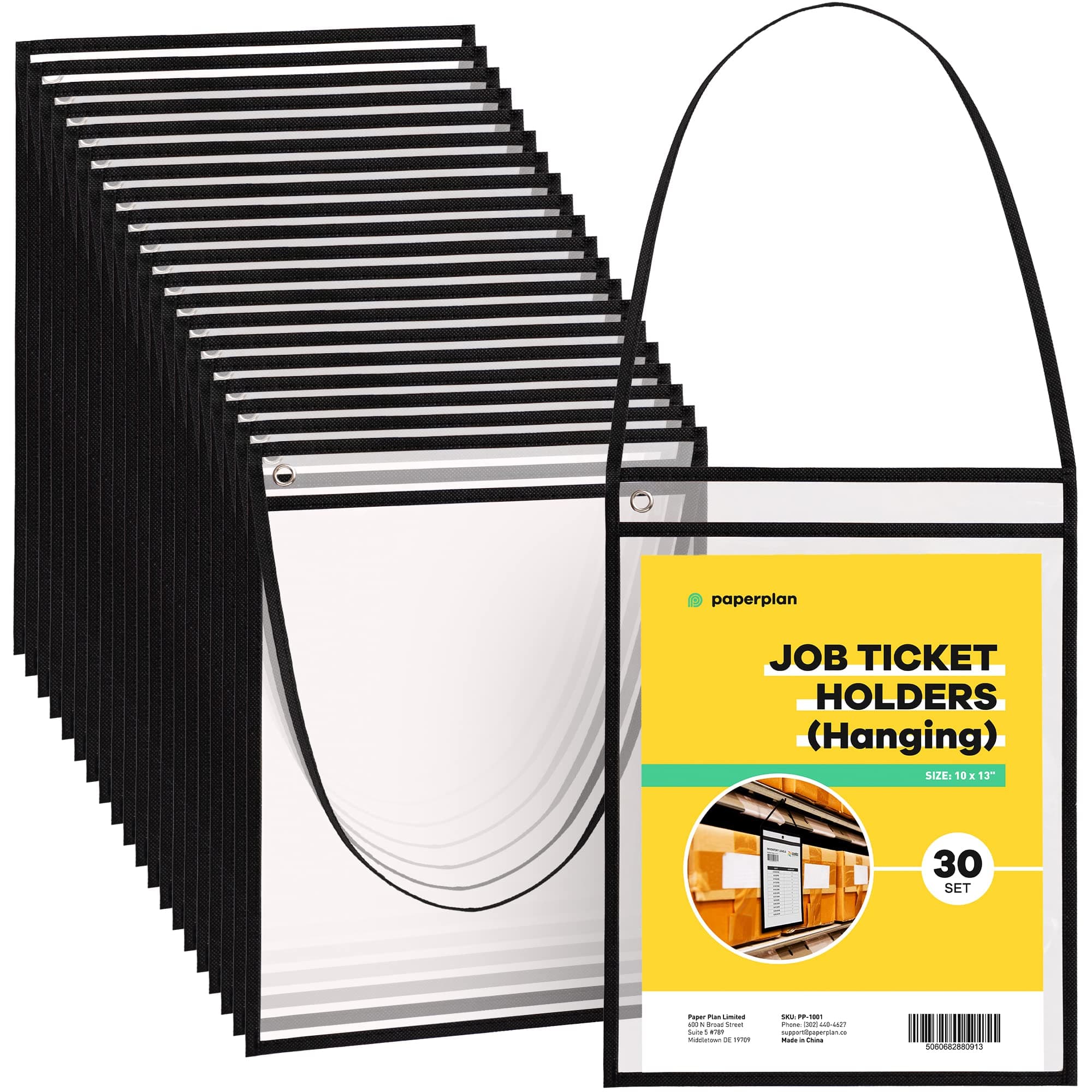 Hanging Job Ticket Holders 9x12 - (30 Pack), 8.5 x 11 Letter Size, Dry Erase Pockets, Clear & Black Plastic Sleeves - Reusable, Water-Resistant