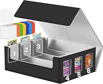6-window Display Trading Cards Storage Box 2400+ TCG Commander Deck Case with 6 Card Holders for Magic the Gathering PTCG YuGiOh Sports MTG PKM with 12 Dividers 4 Supporters Black and Gray