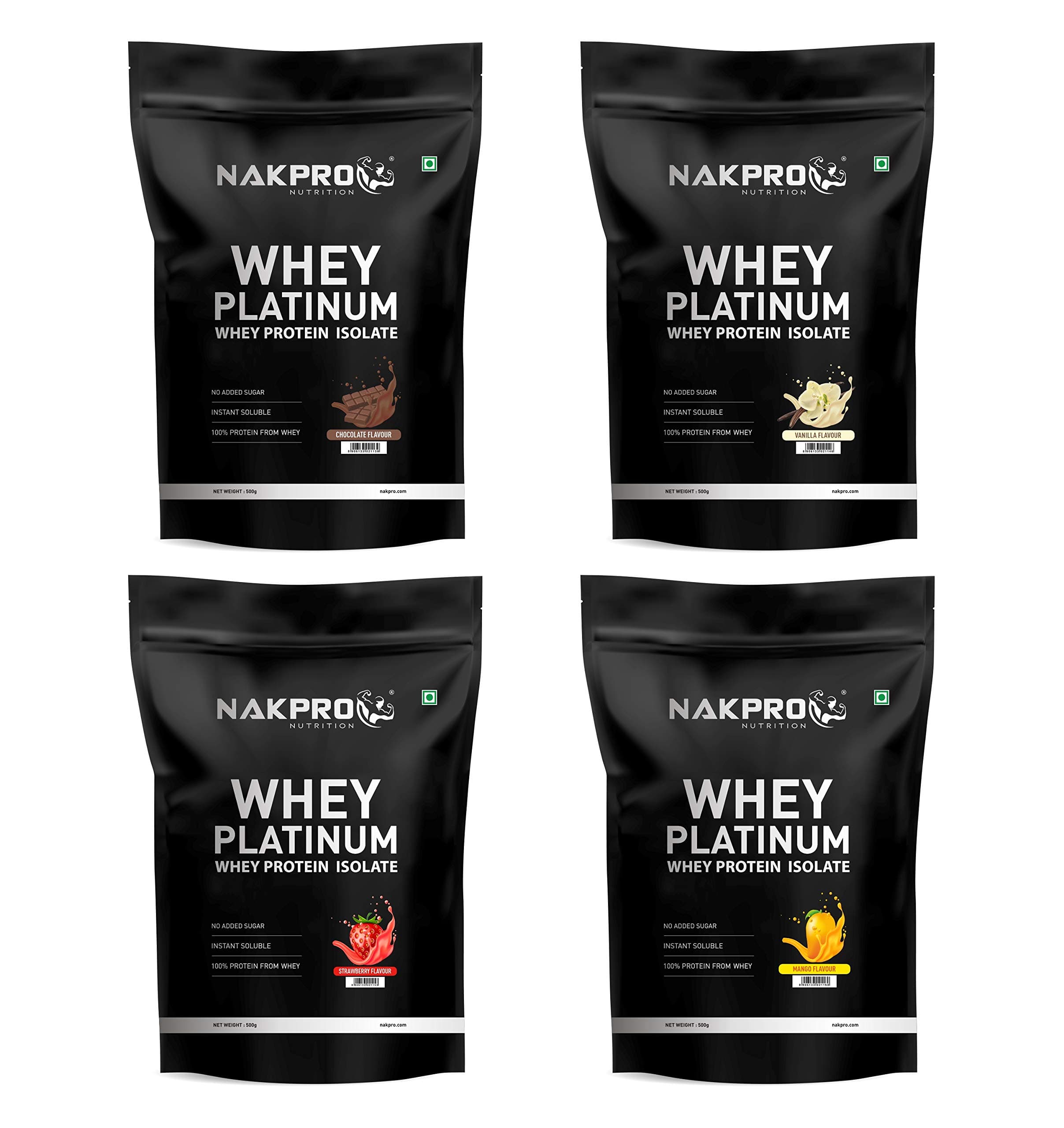 NAKPRO PLATINUM 100% Whey Protein Isolate | 28.11g Protein, 6.42g BCAA | Easy Mixing, Low Carbs, Easy Digesting Whey Protein Supplement Powder for Men, Women & Athletes | 2 Kgs (500g*4 Nos) Chocolate, Mango, Strawberry & Vanilla Flavour (60 Servings)