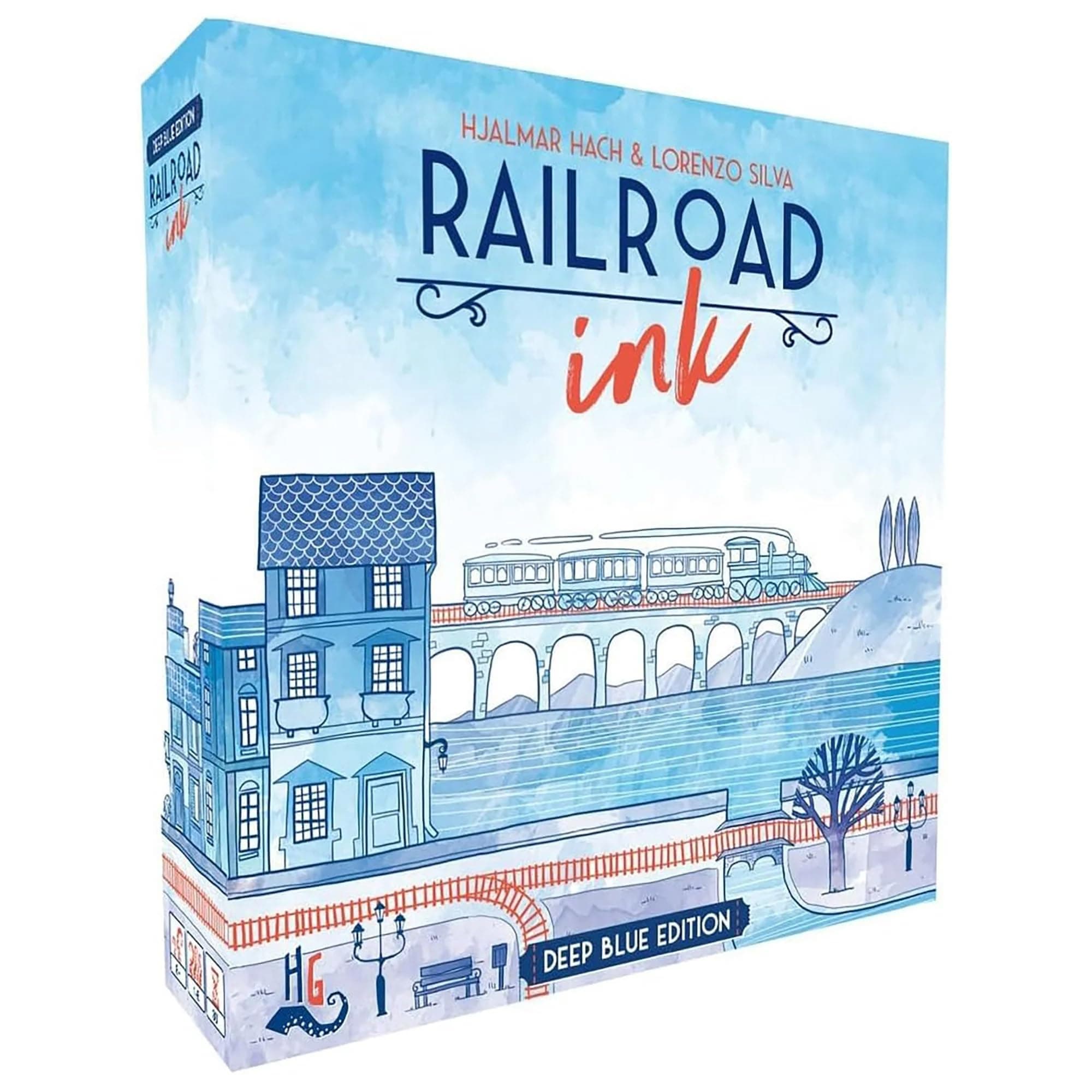 Horrible Guild Railroad Ink: Deep Blue Edition - Roll Dice and Draw Railways and Routes, 7 Rounds to Expand Your Rail Map - Expansion Dice Included Ages 8 & Up (Packaging may vary)