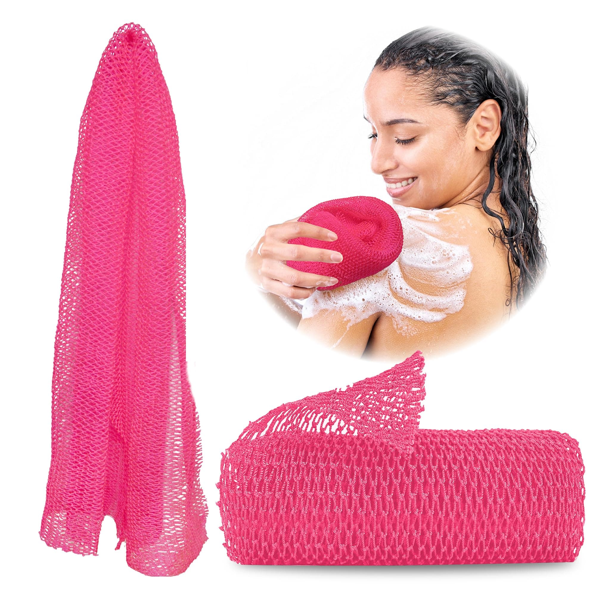 African Exfoliating Net Sponge, Authentic, Real, Body Scrubber, Long Bath Wash Cloth, Body Exfoliator, Sapo, Shower Accessories, Back Foot Scalp Scrub, Flat Dead Skin Remover Body Wash (Pink)