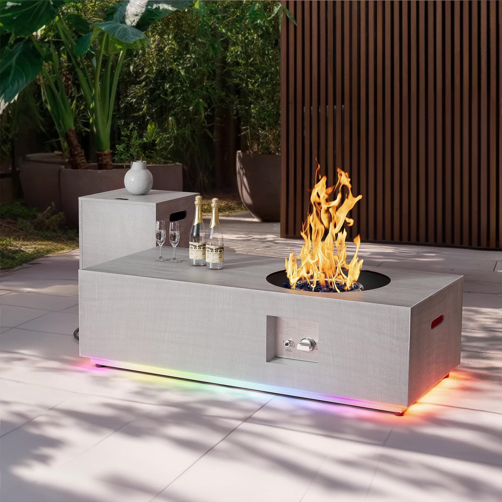 48" Patio Fire Pit Table Round Burner with Multiple Color LED Lights, 50,000 BTU Fire Pit Table with Lid, Rocks, Cover & Tank Storage, Propane Outdoor fireplace (Light Grey/RGB Light, 48" LED)