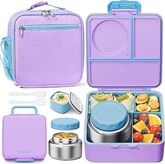 Fimibuke Kids Bento Lunch Box with Food Jar, Leakproof Toddler Bento Box with 8.5OZ Insulated Food Jar, Lunch Bag & Utensils BPA Free Dishwasher Safe 3 or 4 Compartment Container for School Girls Boys